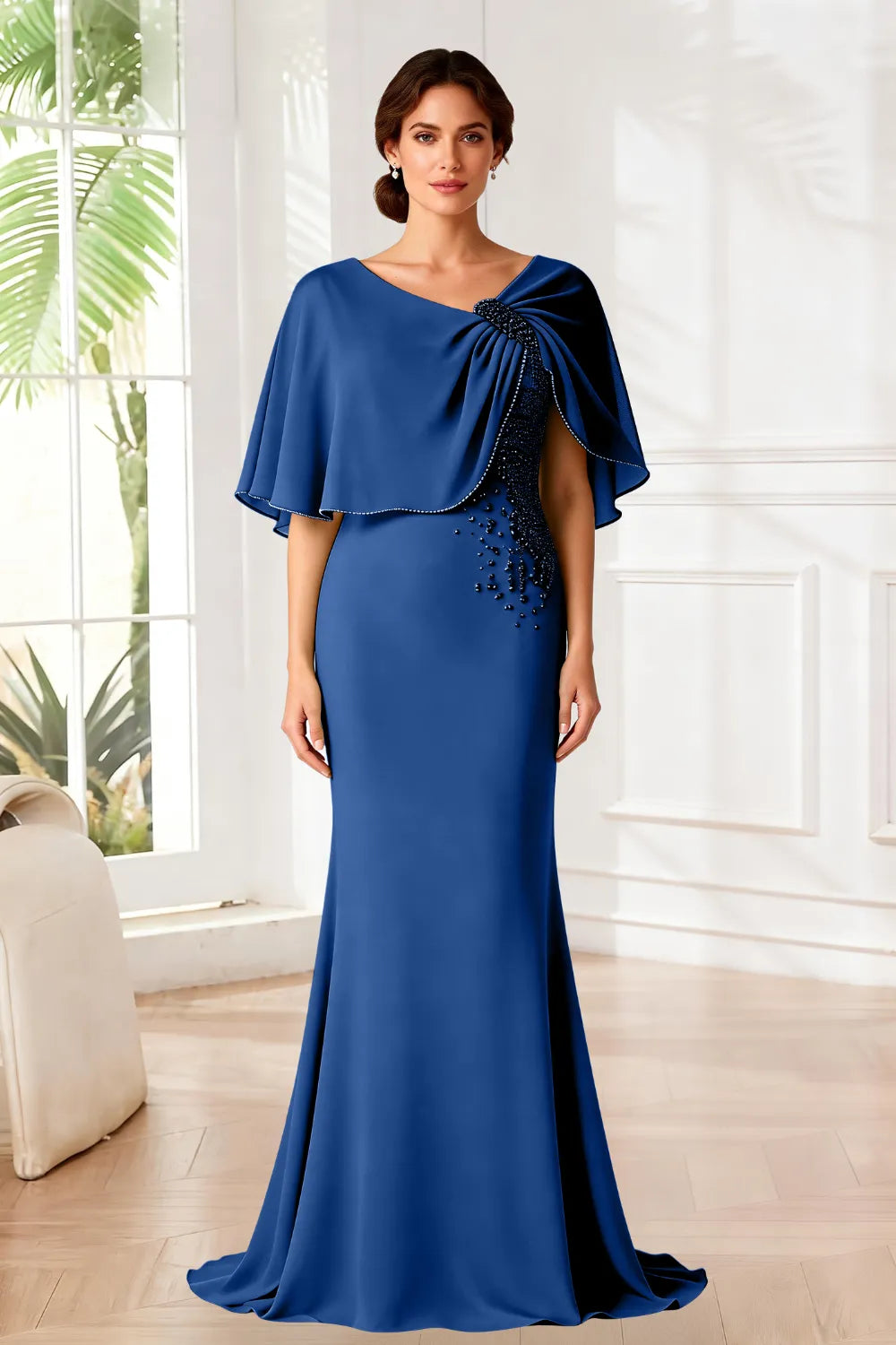 Elara Beaded Cape Mermaid Evening Gown