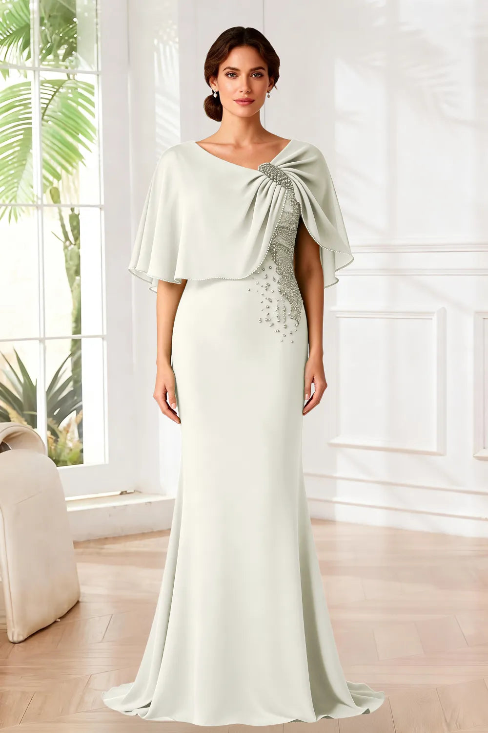 Elara Beaded Cape Mermaid Evening Gown