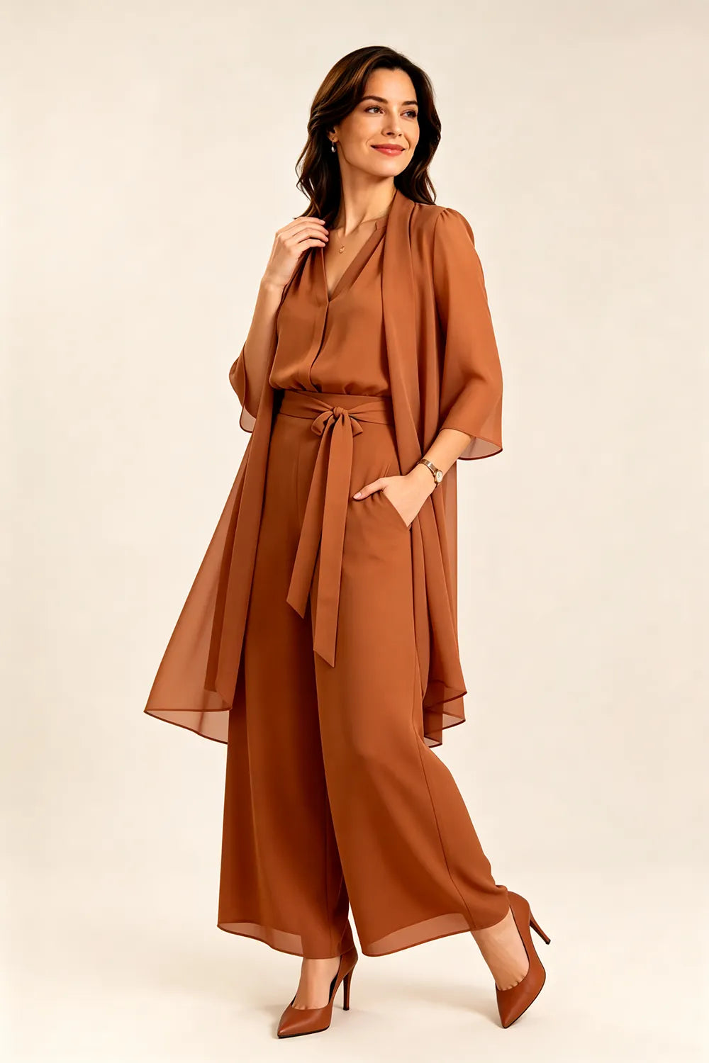Tie-Waist Chiffon Pant Suit