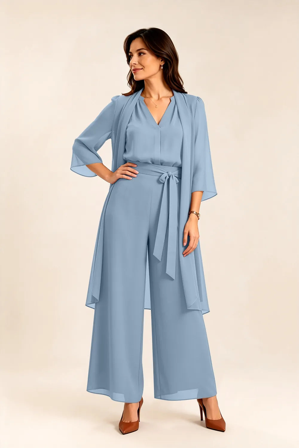 Tie-Waist Chiffon Pant Suit