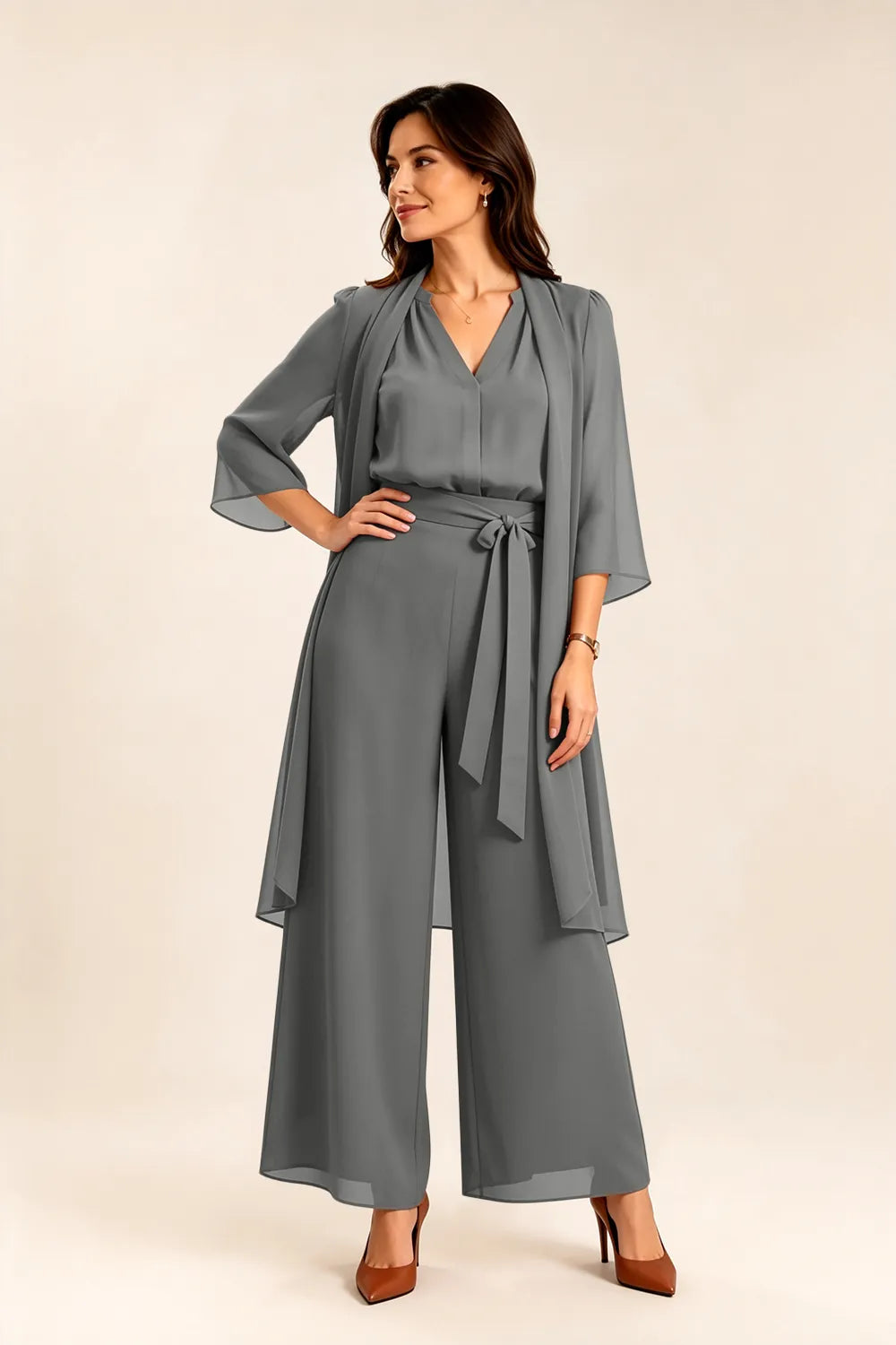 Tie-Waist Chiffon Pant Suit