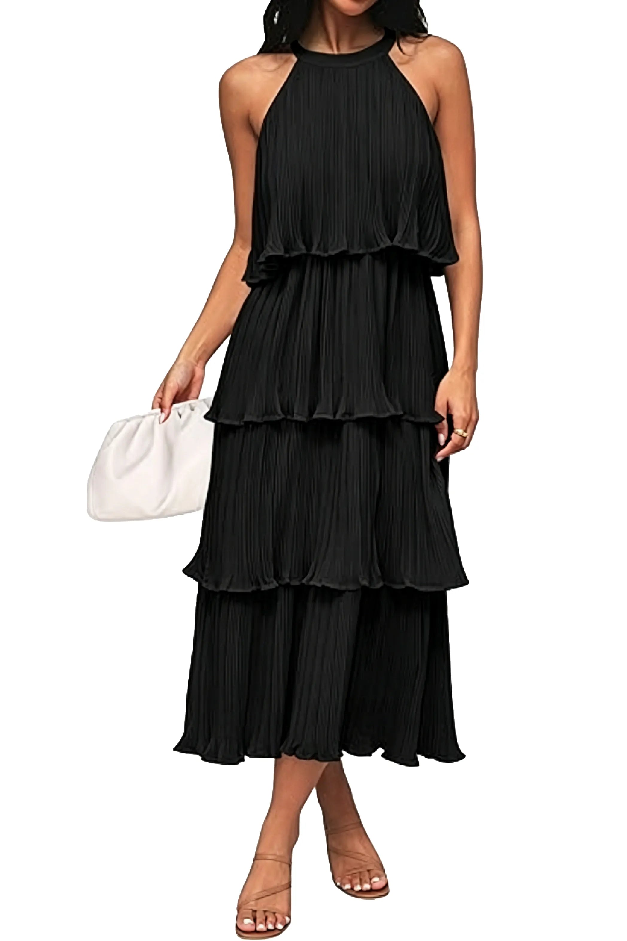 Summer Flowy Pleated Tiered Chiffon Midi Dress