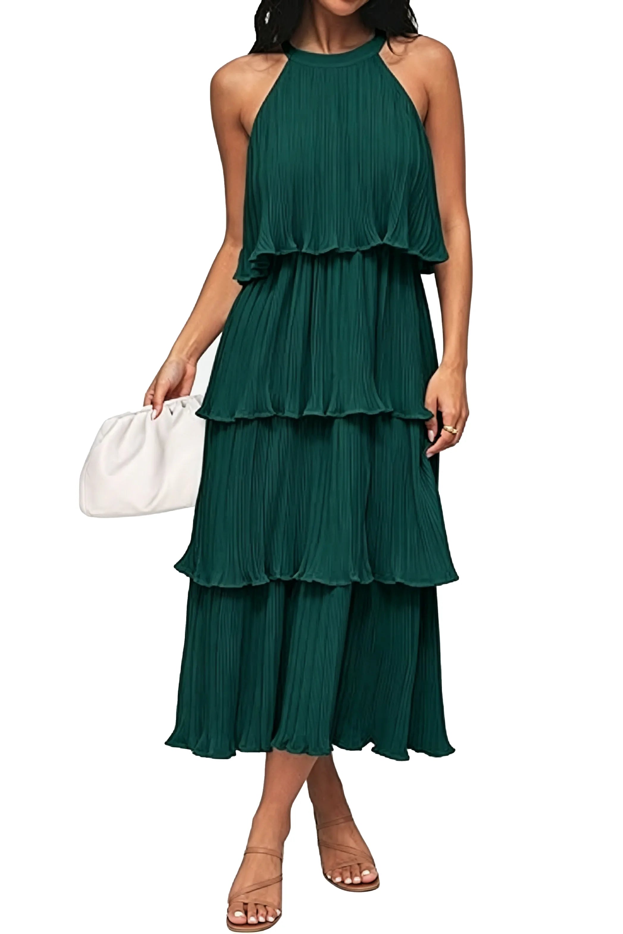 Summer Flowy Pleated Tiered Chiffon Midi Dress