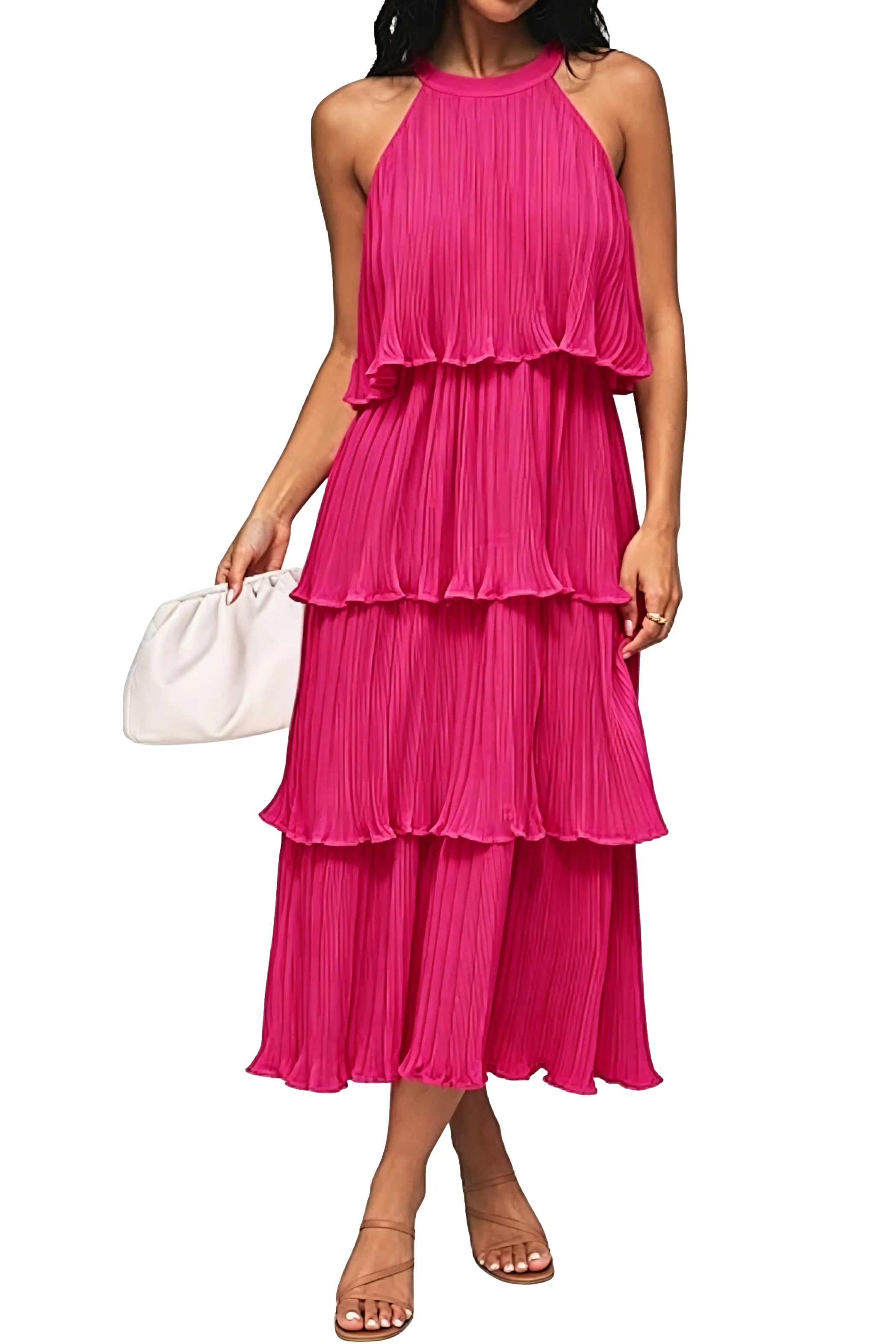 Summer Flowy Pleated Tiered Chiffon Midi Dress