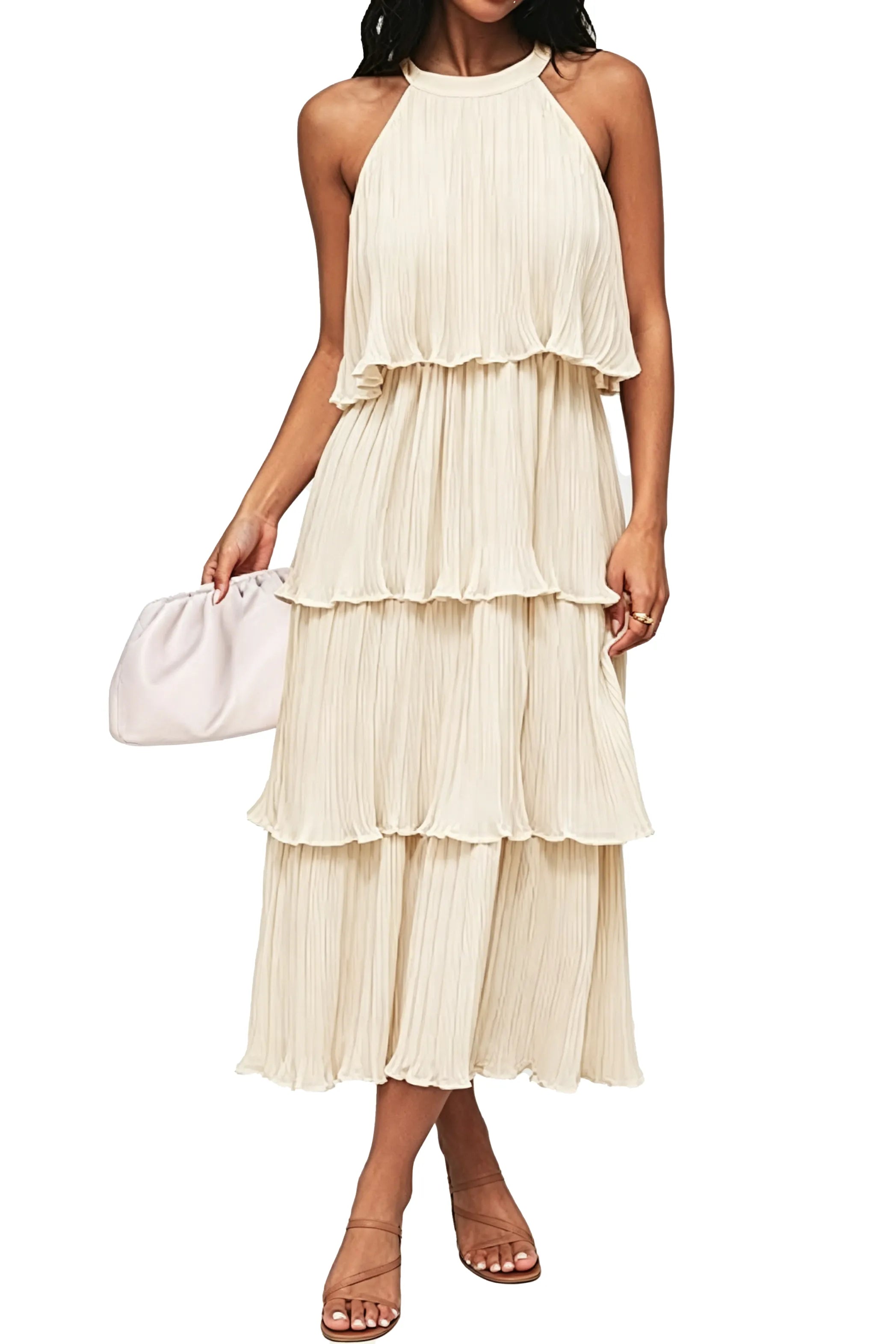 Summer Flowy Pleated Tiered Chiffon Midi Dress