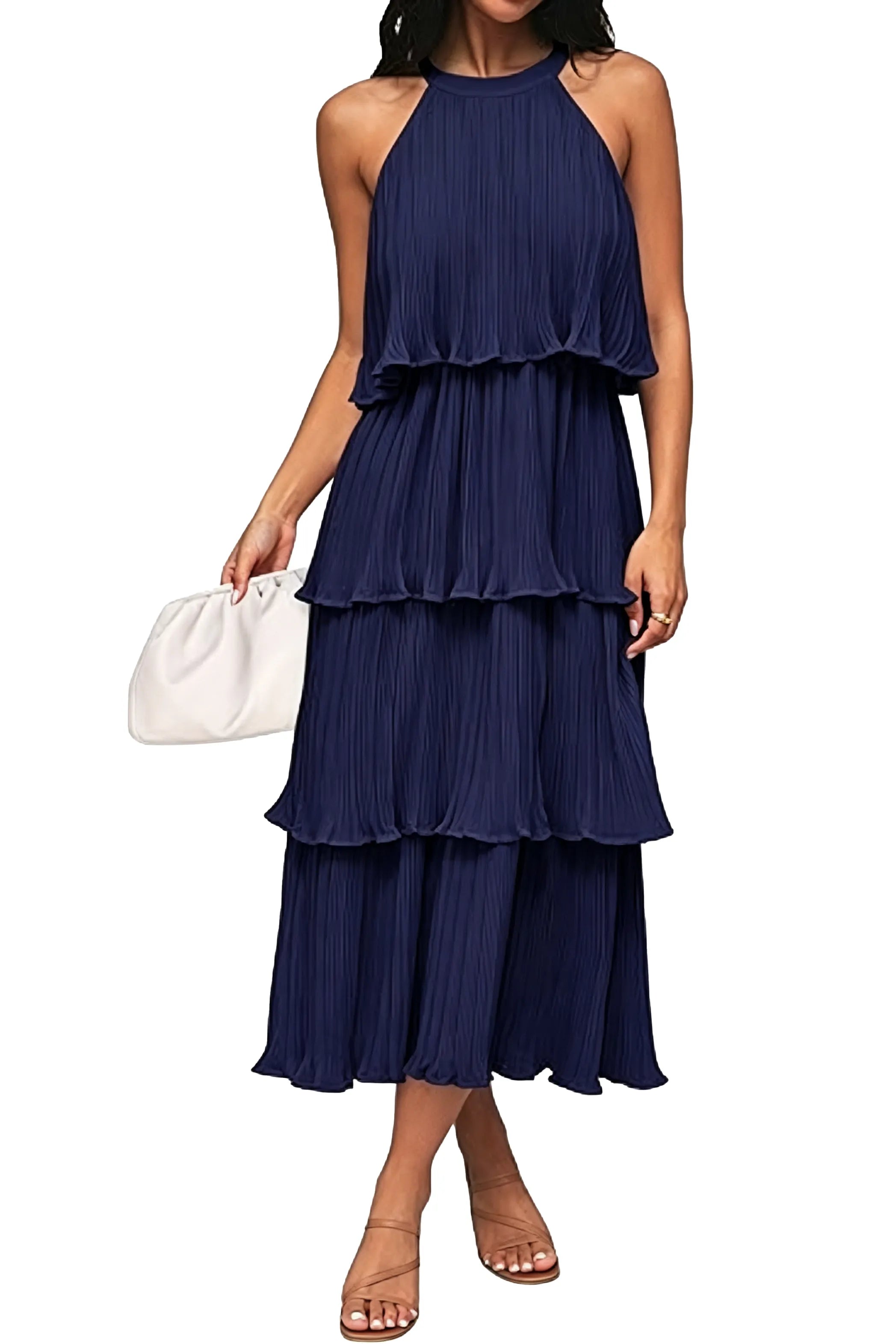 Summer Flowy Pleated Tiered Chiffon Midi Dress