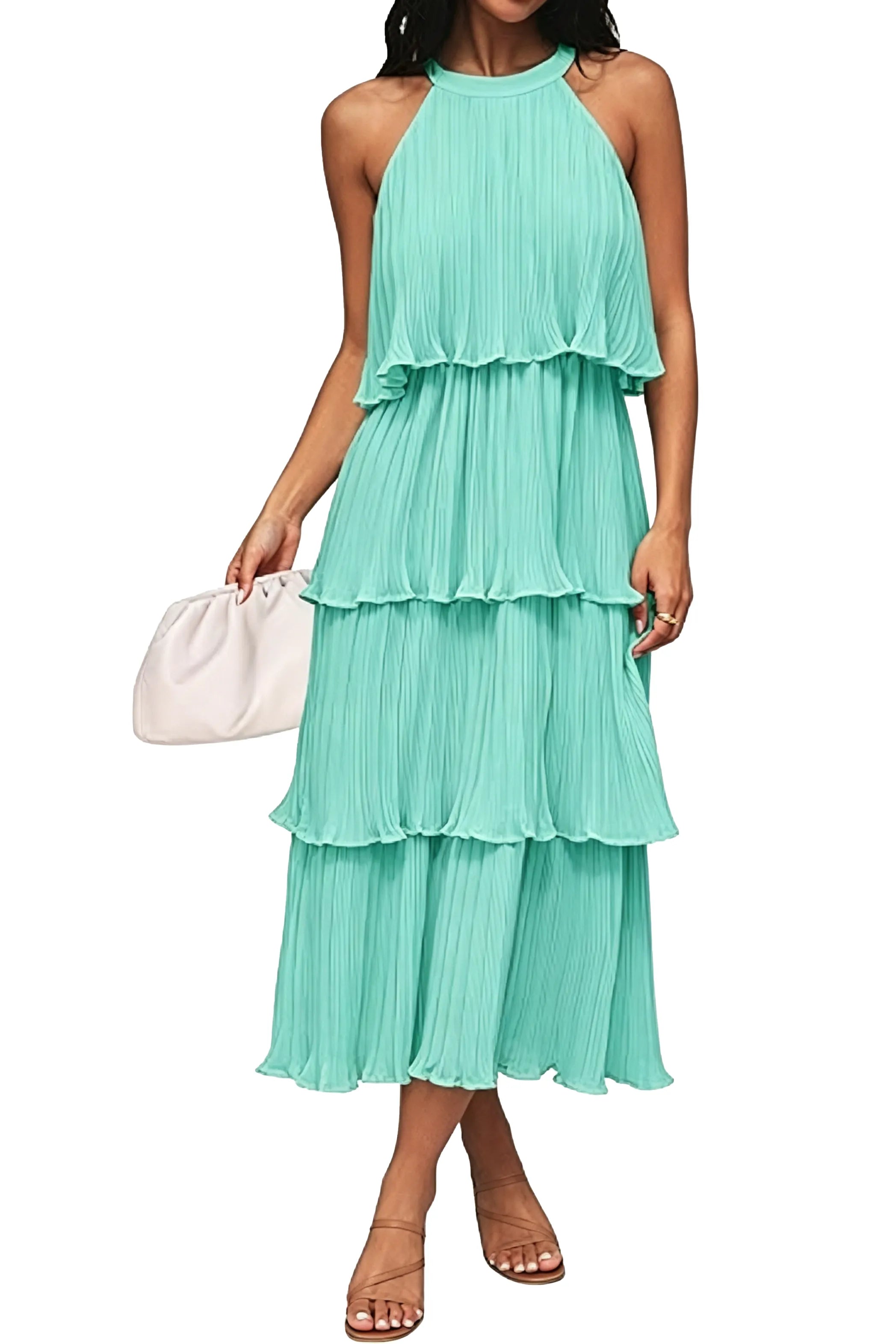 Summer Flowy Pleated Tiered Chiffon Midi Dress