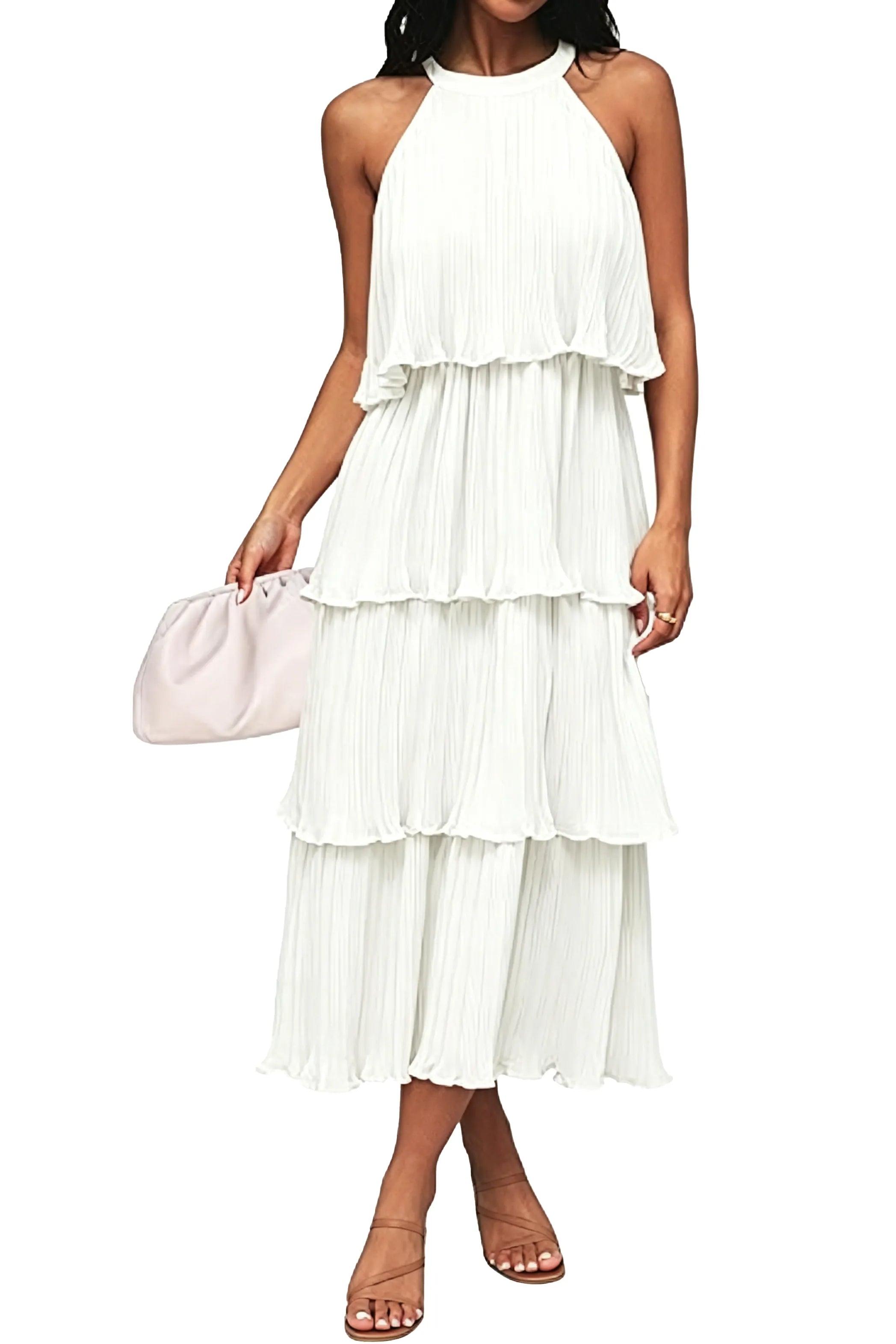 Summer Flowy Pleated Tiered Chiffon Midi Dress