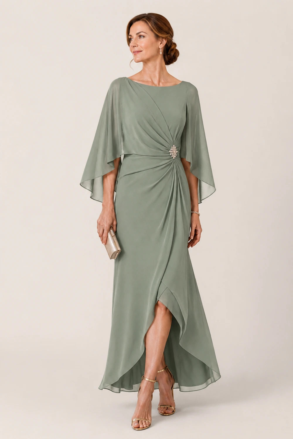 Chiffon Cape Sleeve Wrap Formal Dress with Brooch