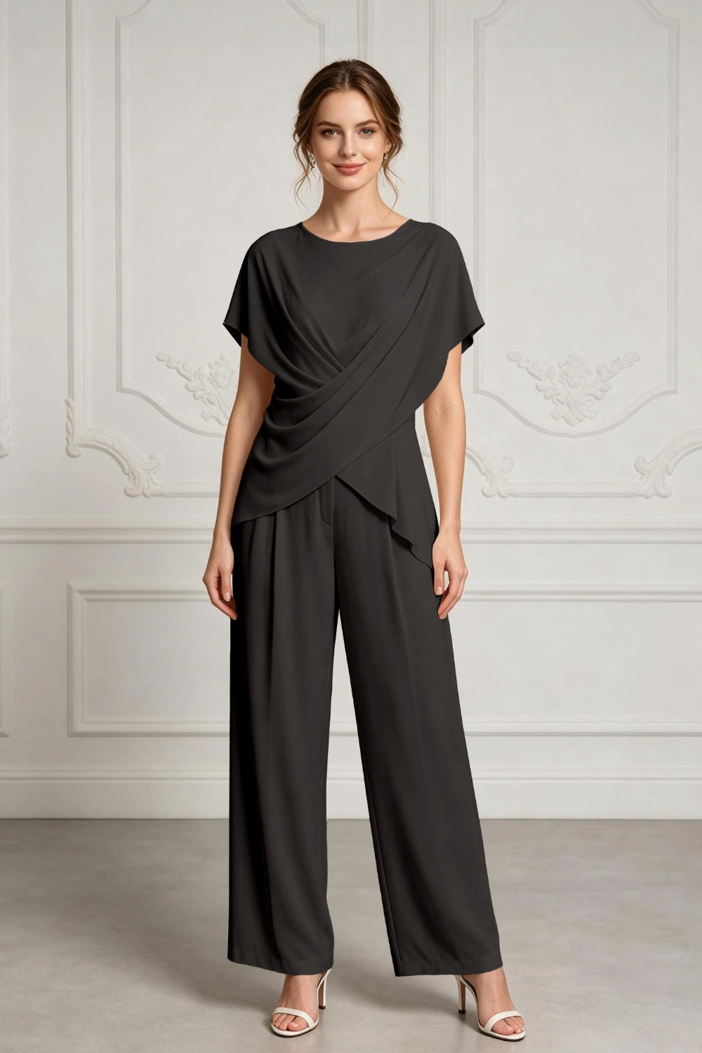 Champagne Draped Chiffon Two-Piece Mother of the Bride Pant Suit