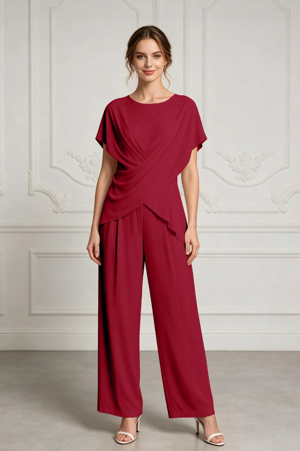 Champagne Draped Chiffon Two-Piece Mother of the Bride Pant Suit