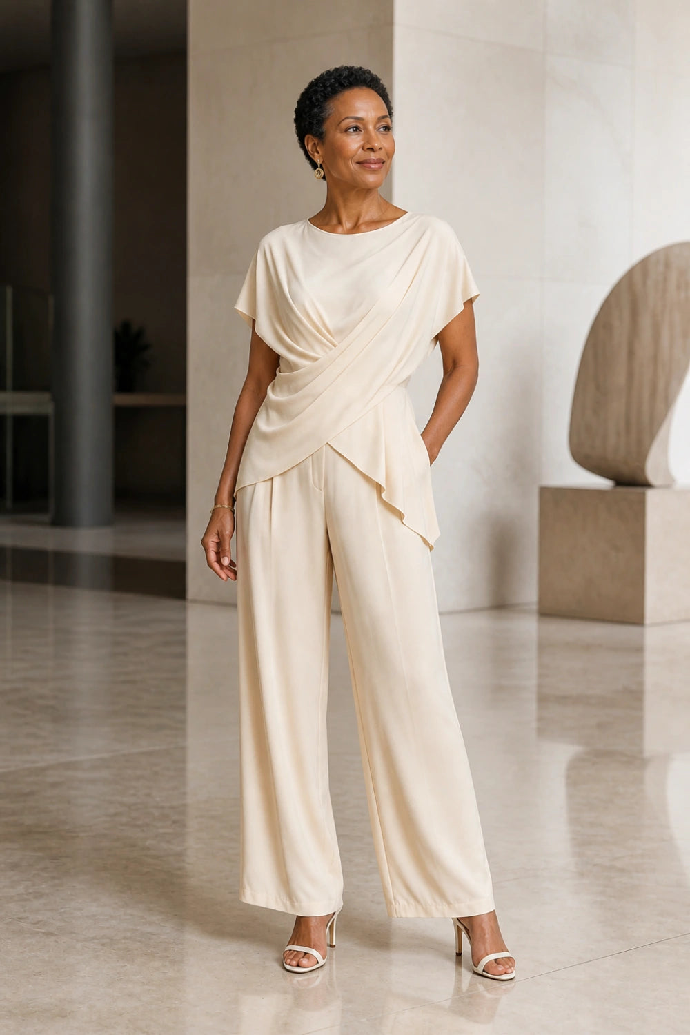 Champagne Draped Chiffon Two-Piece Mother of the Bride Pant Suit