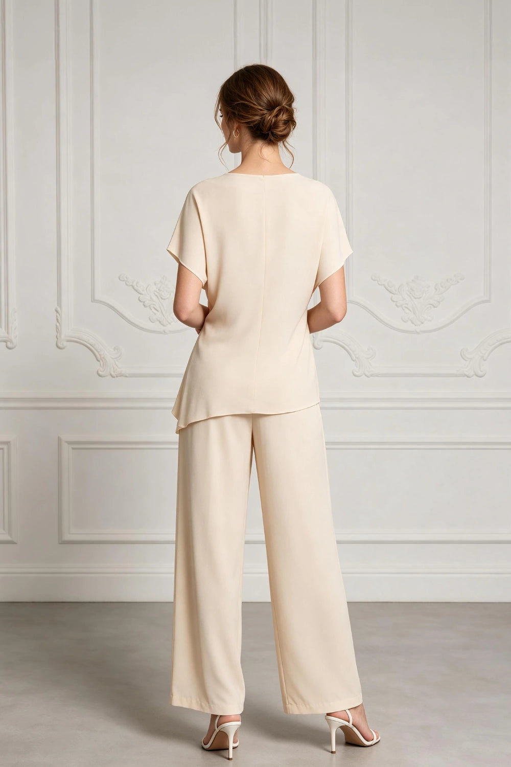 Champagne Draped Chiffon Two-Piece Mother of the Bride Pant Suit