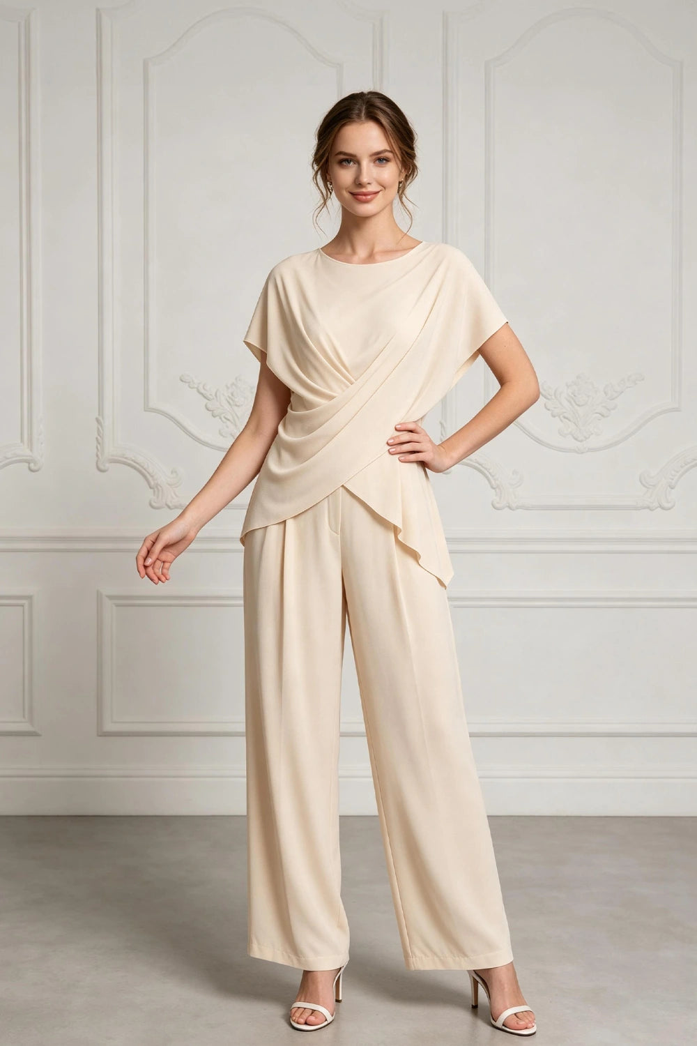 Champagne Draped Chiffon Two-Piece Mother of the Bride Pant Suit