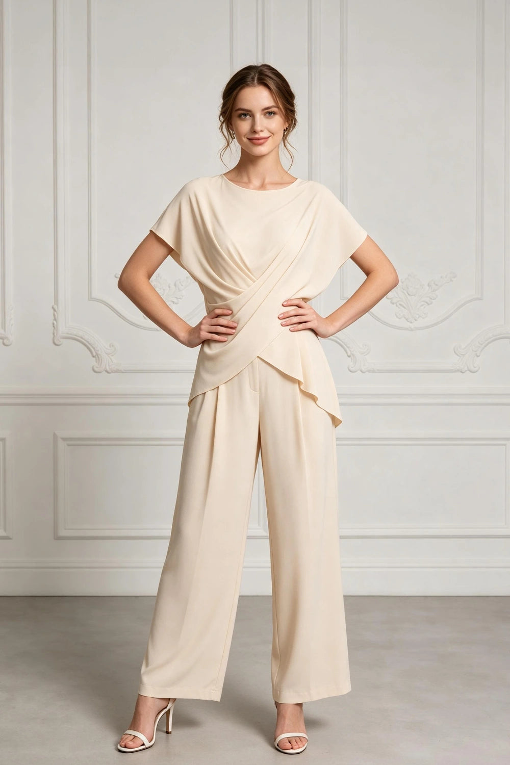 Champagne Draped Chiffon Two-Piece Mother of the Bride Pant Suit