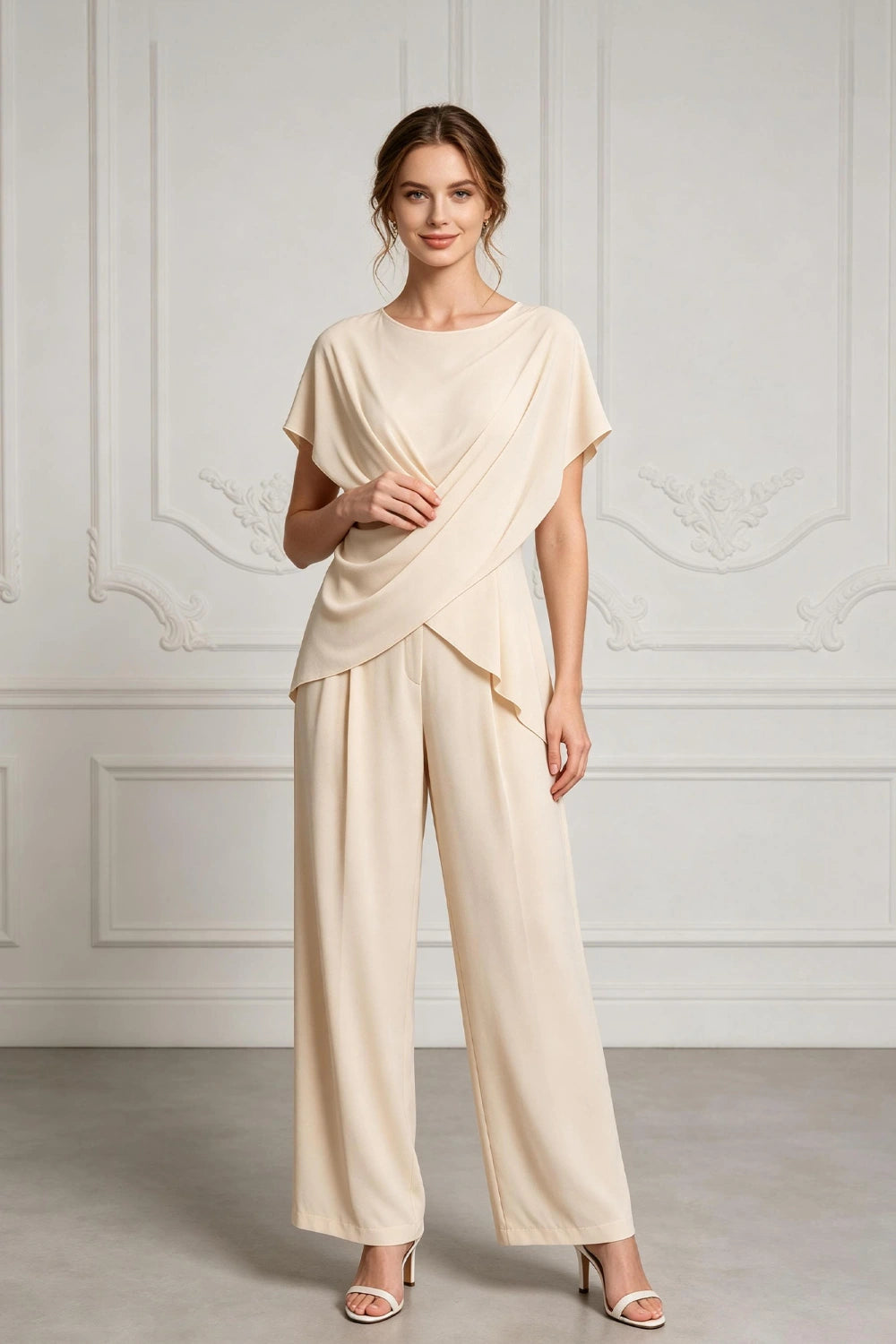 Champagne Draped Chiffon Two-Piece Mother of the Bride Pant Suit