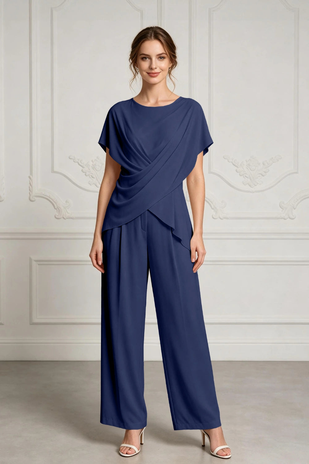 Champagne Draped Chiffon Two-Piece Mother of the Bride Pant Suit
