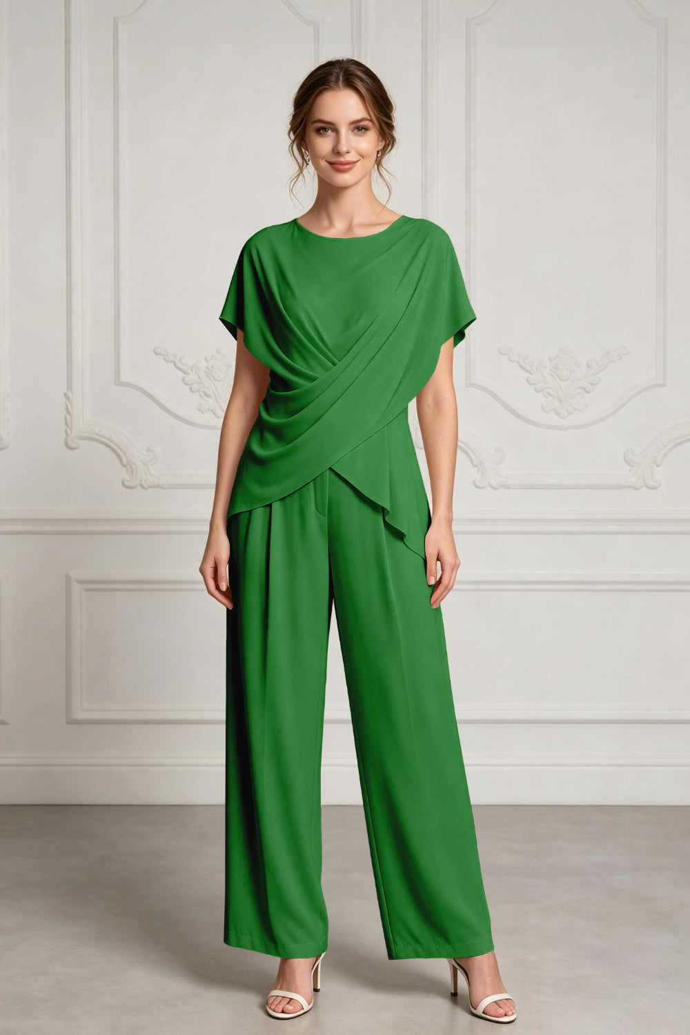 Champagne Draped Chiffon Two-Piece Mother of the Bride Pant Suit