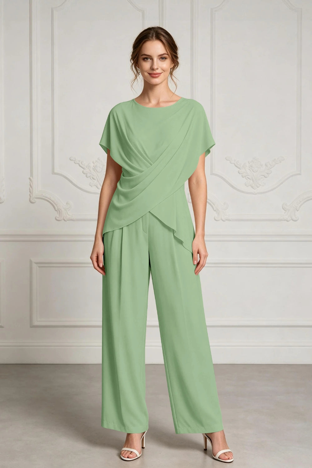 Champagne Draped Chiffon Two-Piece Mother of the Bride Pant Suit