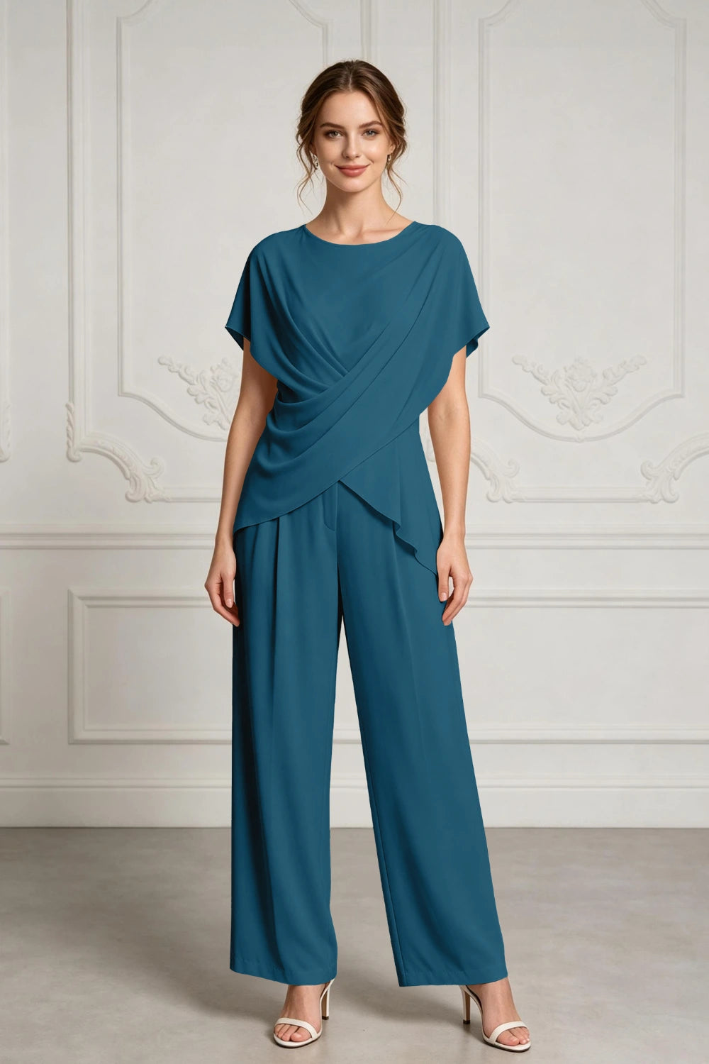 Champagne Draped Chiffon Two-Piece Mother of the Bride Pant Suit