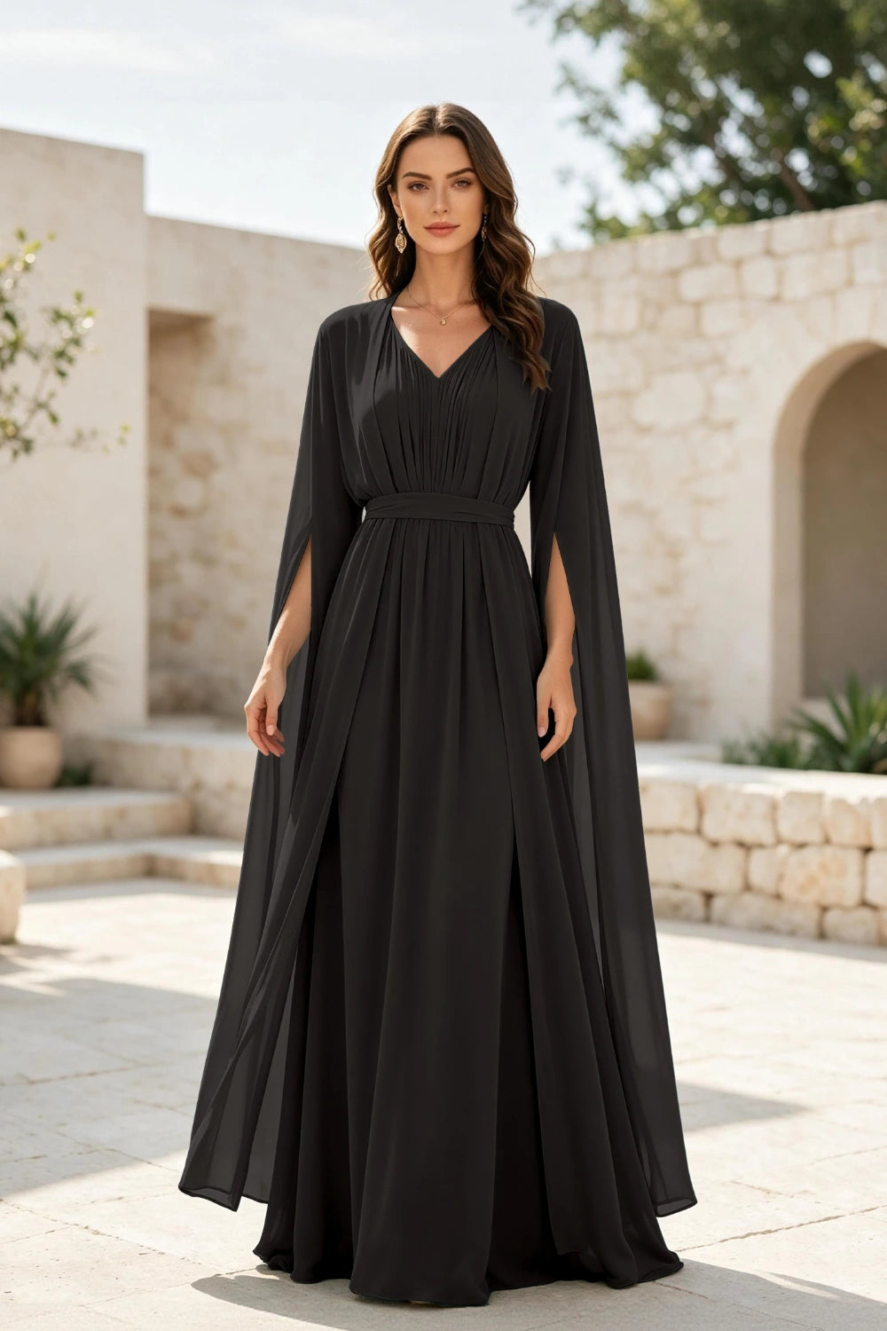 Sage Beaded Cape-Sleeve Chiffon A-Line Mother of the Bride Gown