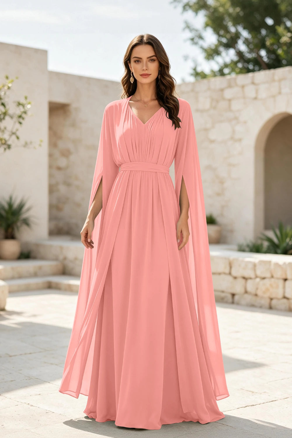 Sage Beaded Cape-Sleeve Chiffon A-Line Mother of the Bride Gown