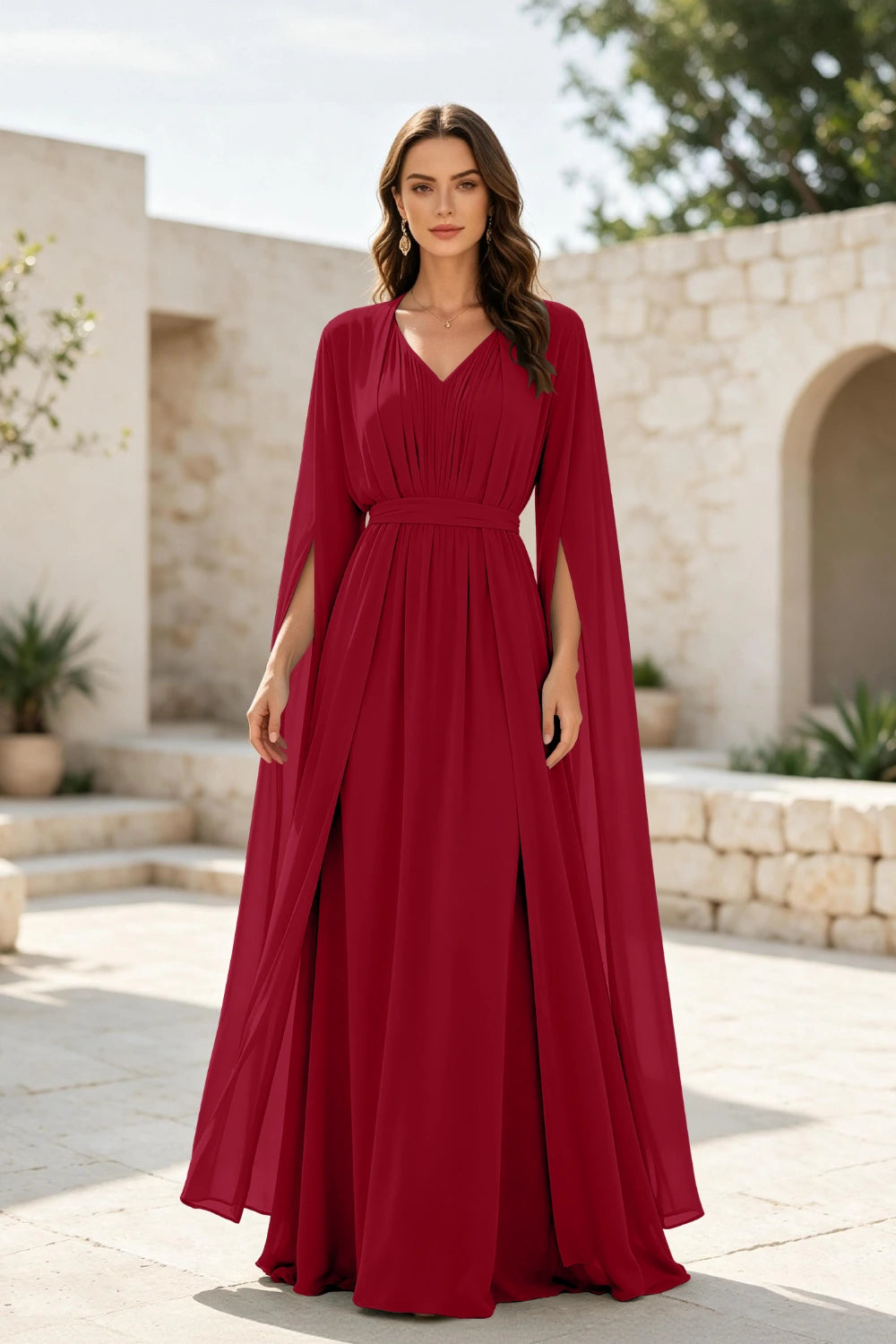 Sage Beaded Cape-Sleeve Chiffon A-Line Mother of the Bride Gown