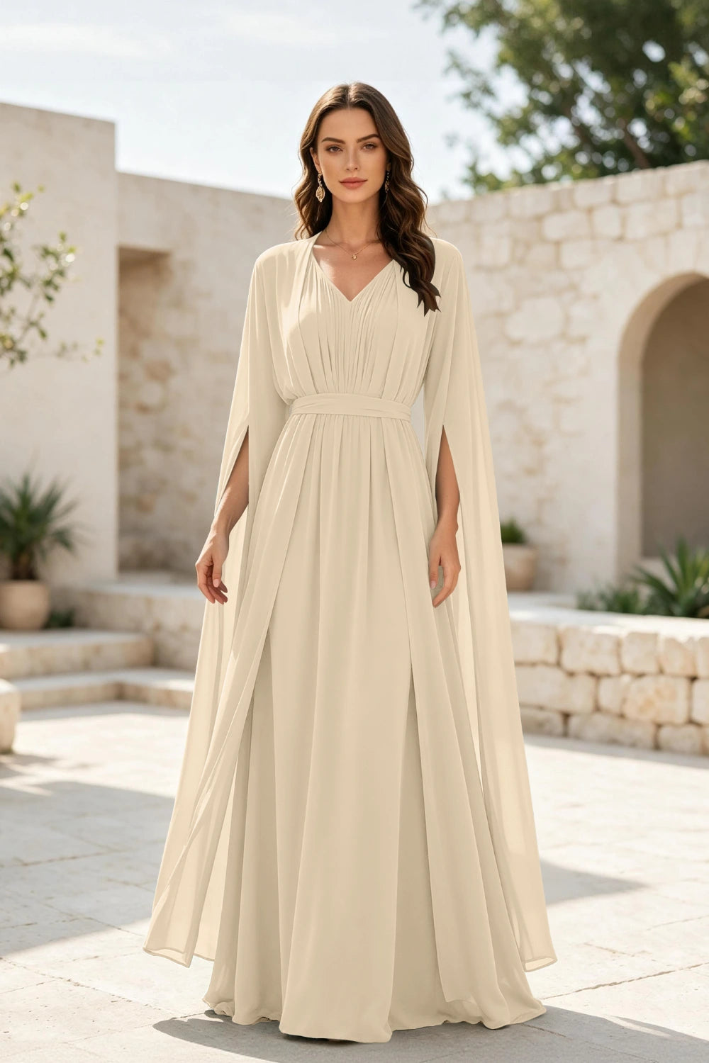 Sage Beaded Cape-Sleeve Chiffon A-Line Mother of the Bride Gown