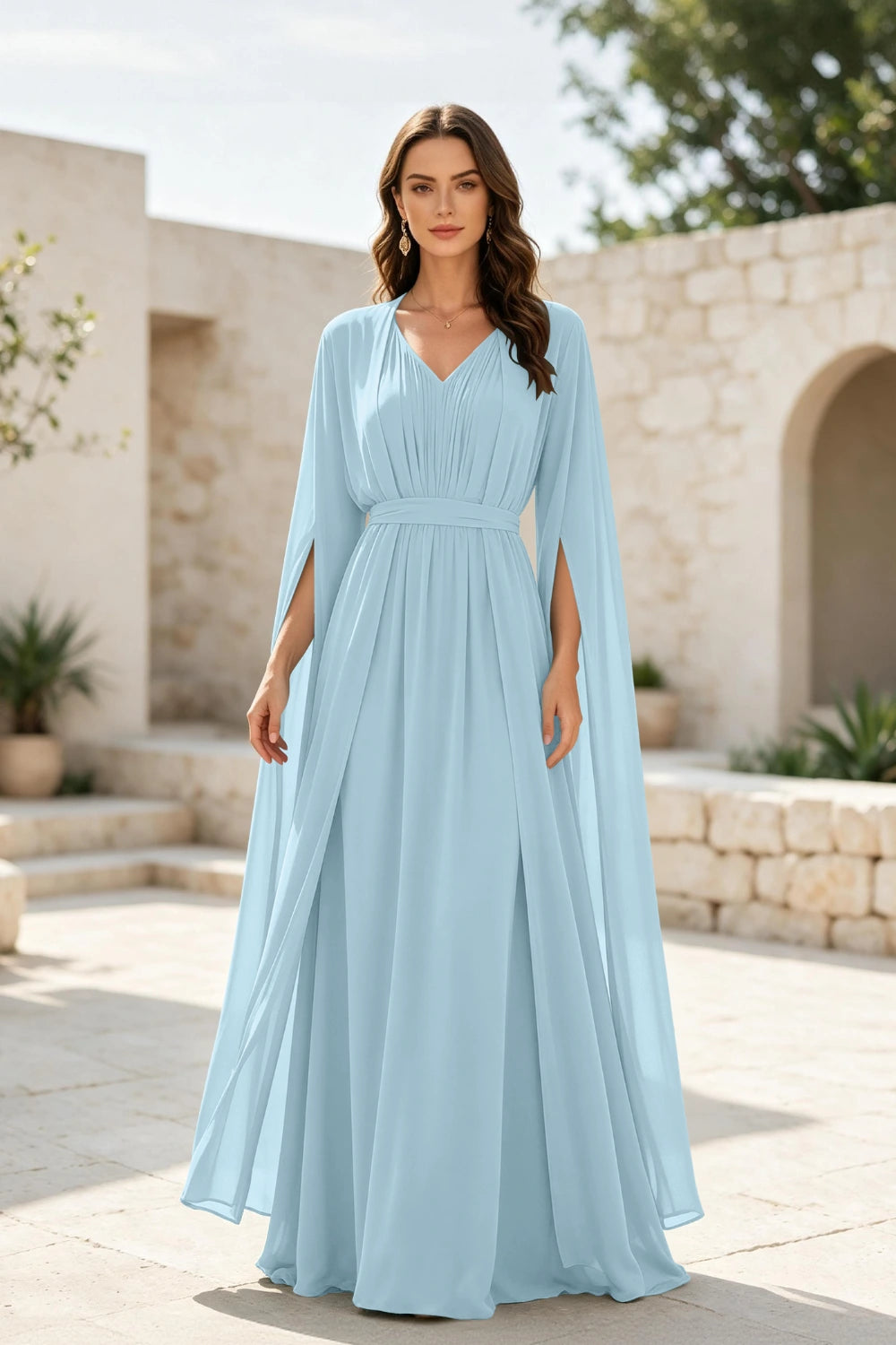 Sage Beaded Cape-Sleeve Chiffon A-Line Mother of the Bride Gown