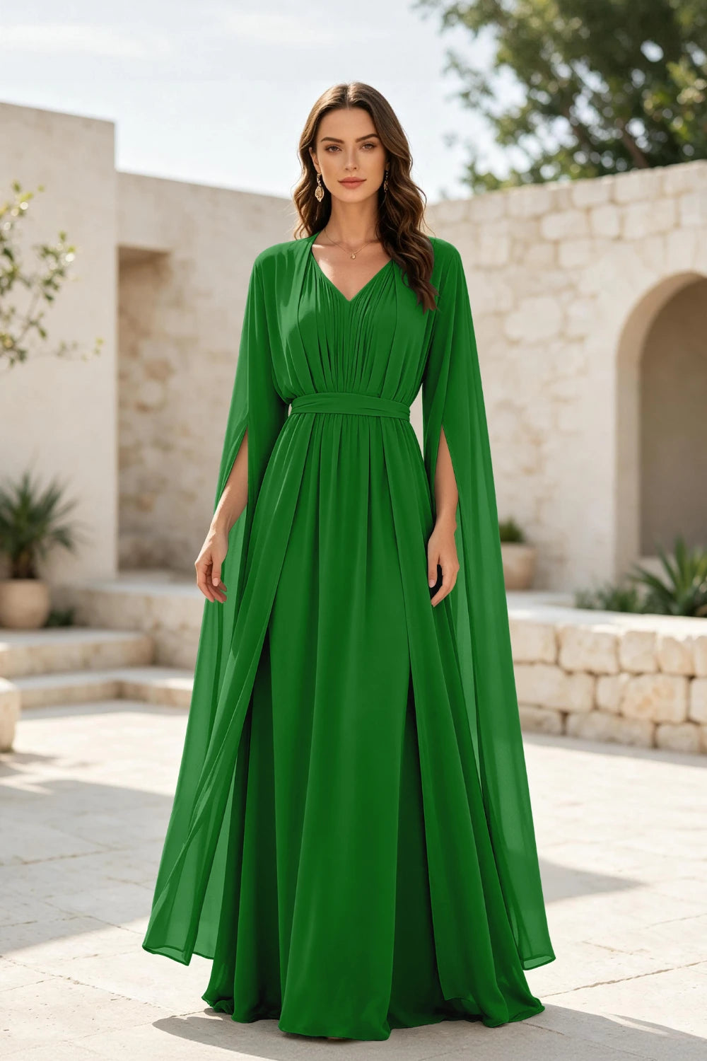 Sage Beaded Cape-Sleeve Chiffon A-Line Mother of the Bride Gown