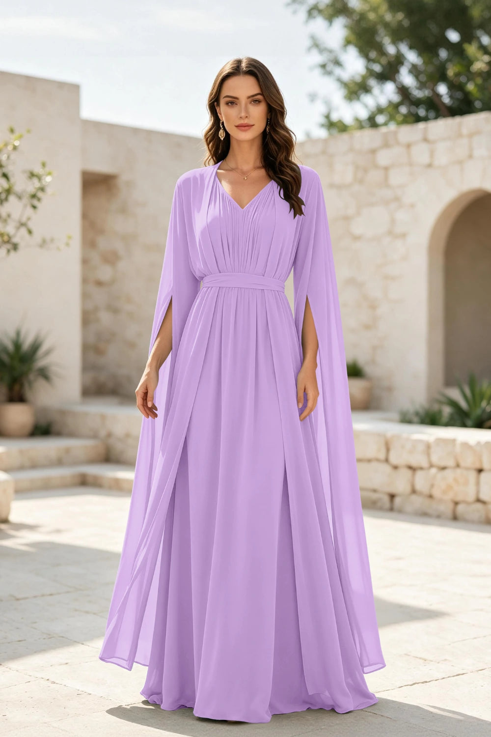 Sage Beaded Cape-Sleeve Chiffon A-Line Mother of the Bride Gown