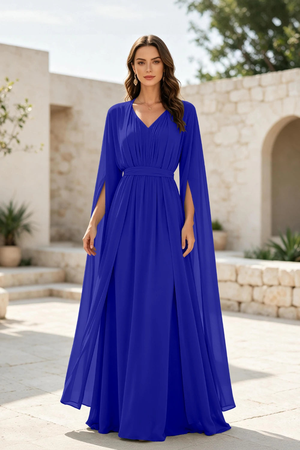 Sage Beaded Cape-Sleeve Chiffon A-Line Mother of the Bride Gown