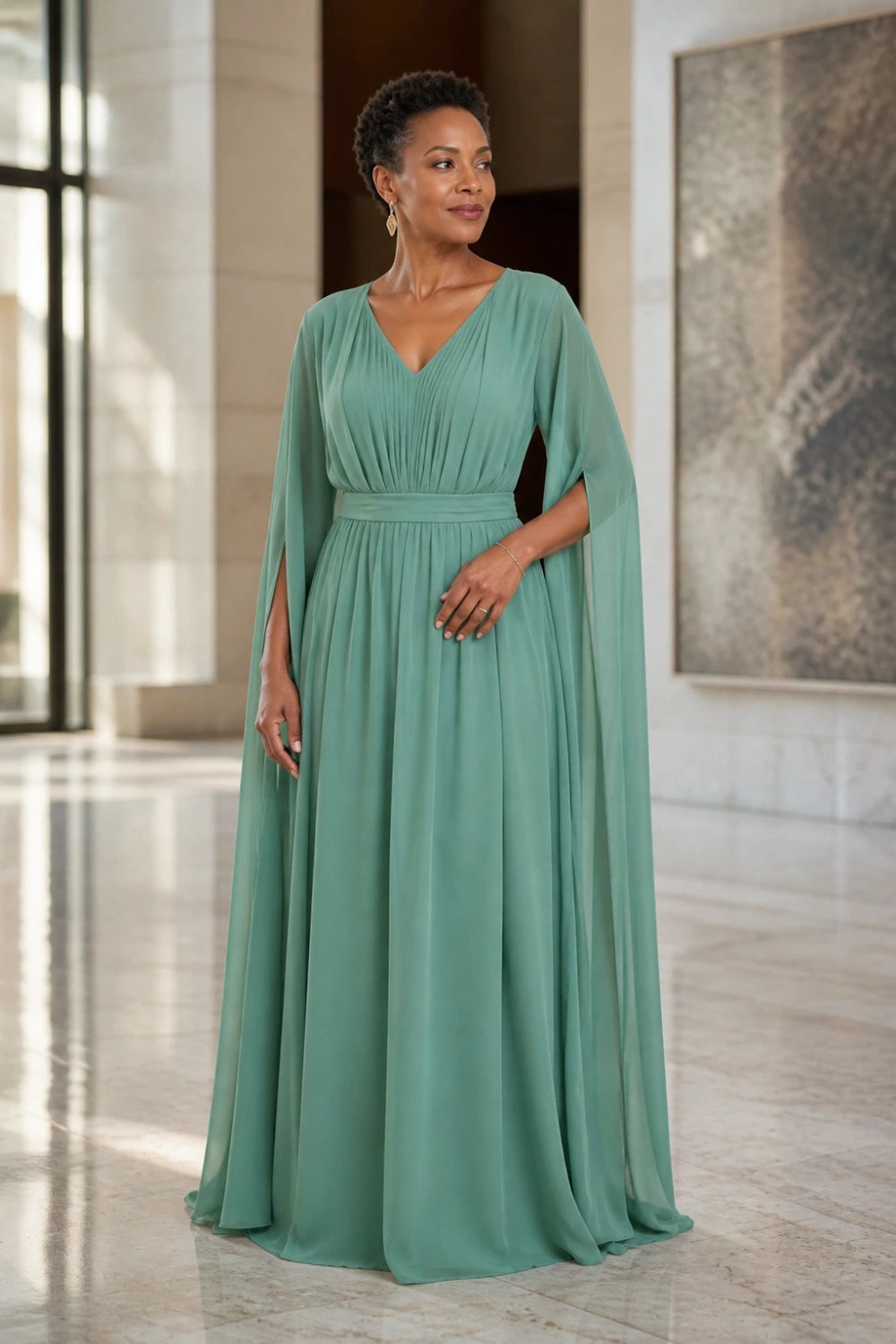 Sage Beaded Cape-Sleeve Chiffon A-Line Mother of the Bride Gown