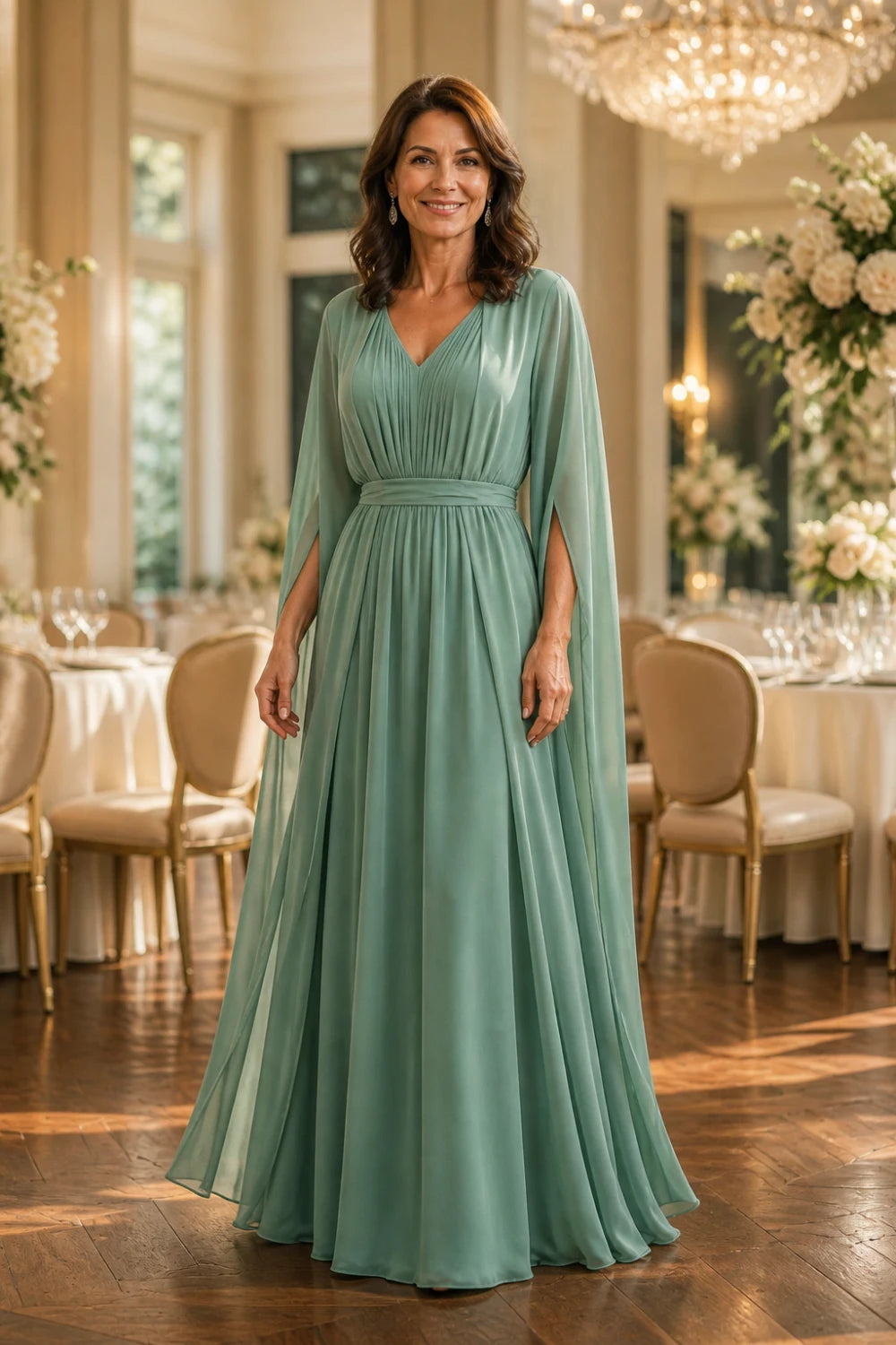 Sage Beaded Cape-Sleeve Chiffon A-Line Mother of the Bride Gown