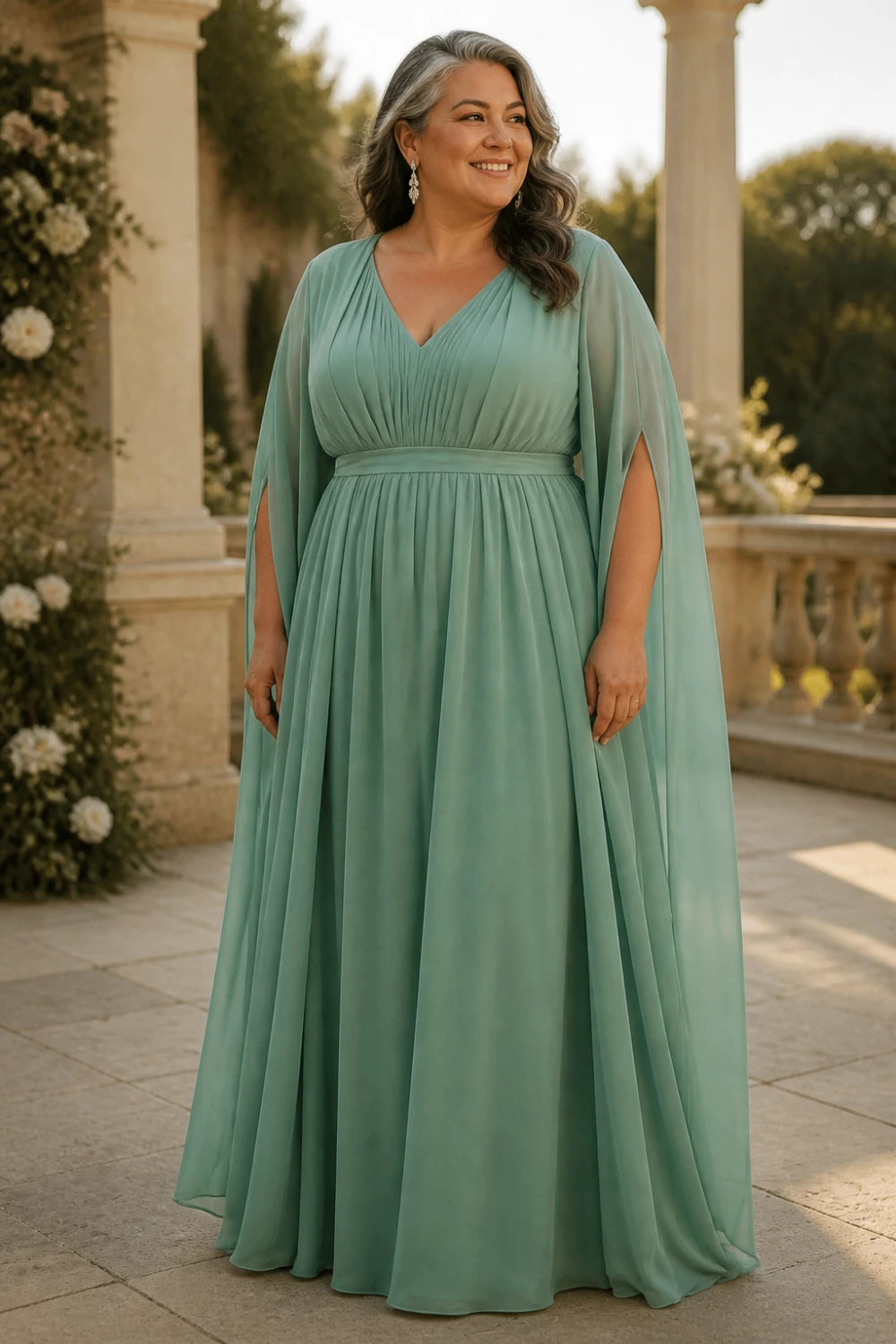 Sage Beaded Cape-Sleeve Chiffon A-Line Mother of the Bride Gown