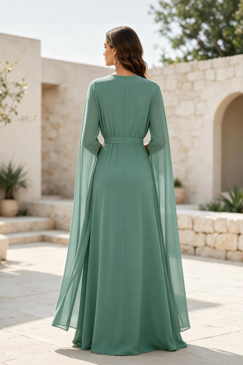Sage Beaded Cape-Sleeve Chiffon A-Line Mother of the Bride Gown