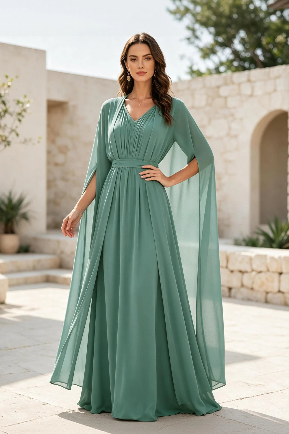 Sage Beaded Cape-Sleeve Chiffon A-Line Mother of the Bride Gown