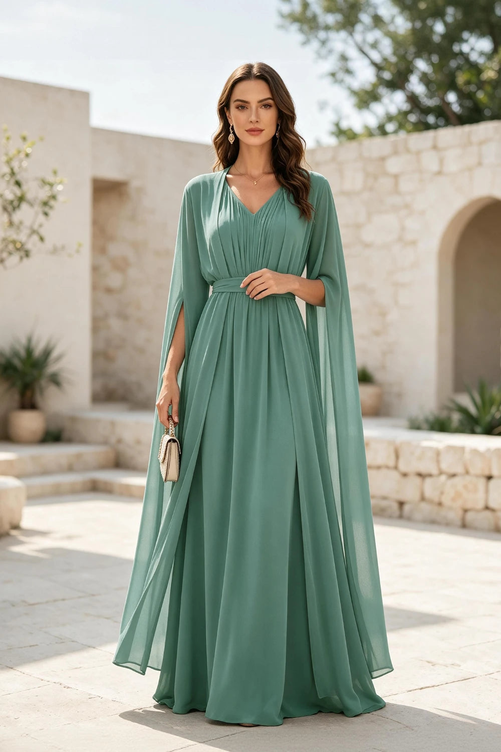 Sage Beaded Cape-Sleeve Chiffon A-Line Mother of the Bride Gown