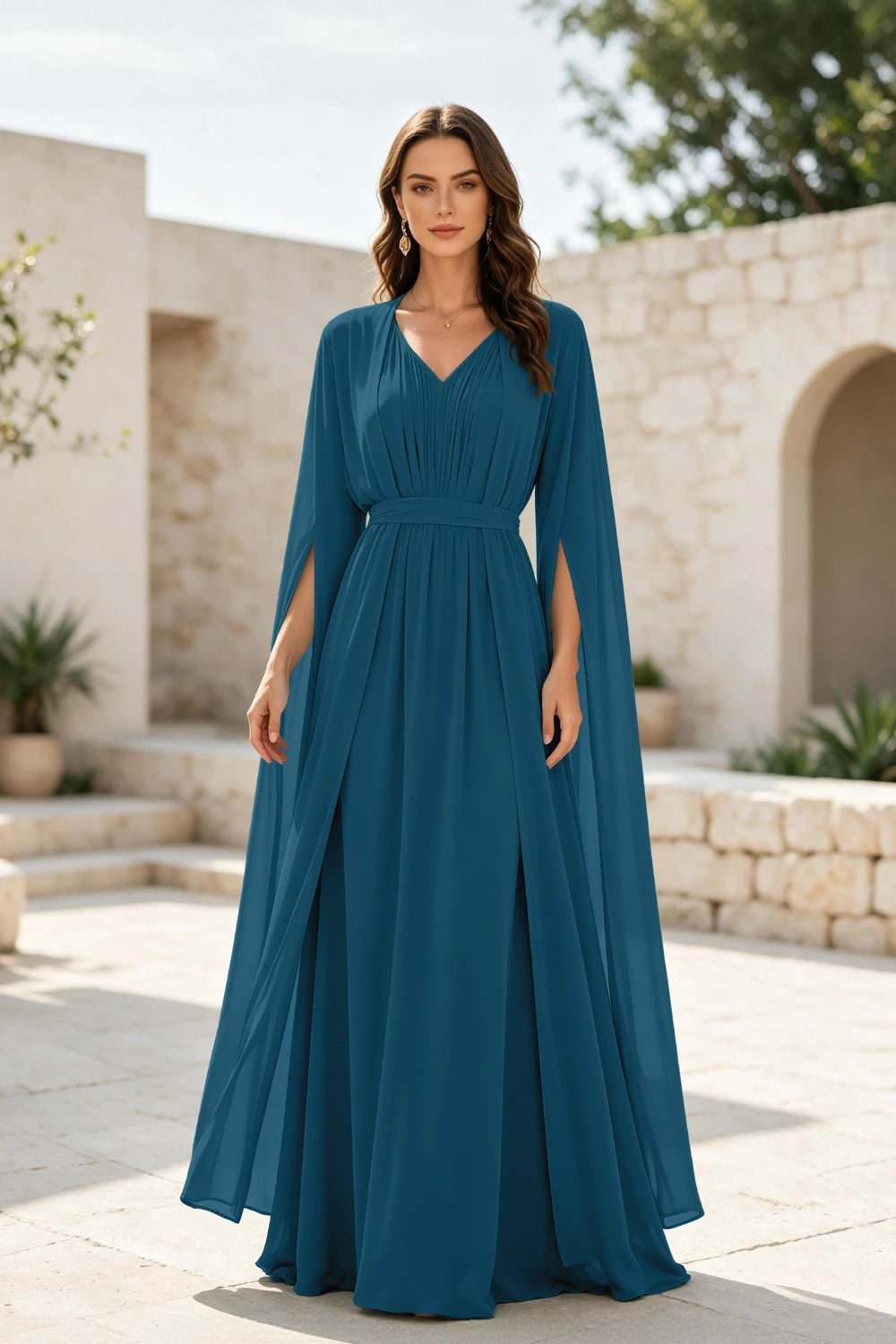 Sage Beaded Cape-Sleeve Chiffon A-Line Mother of the Bride Gown