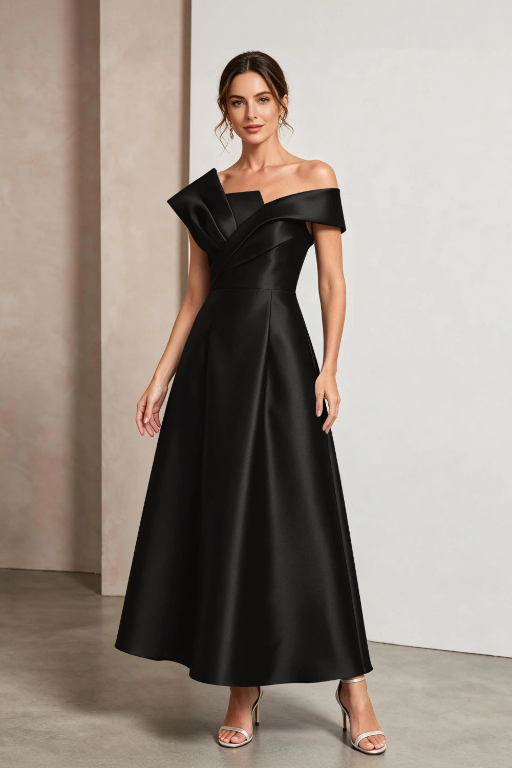 Sculptural Off-Shoulder Satin Midi A-Line Mother of the Bride Dress