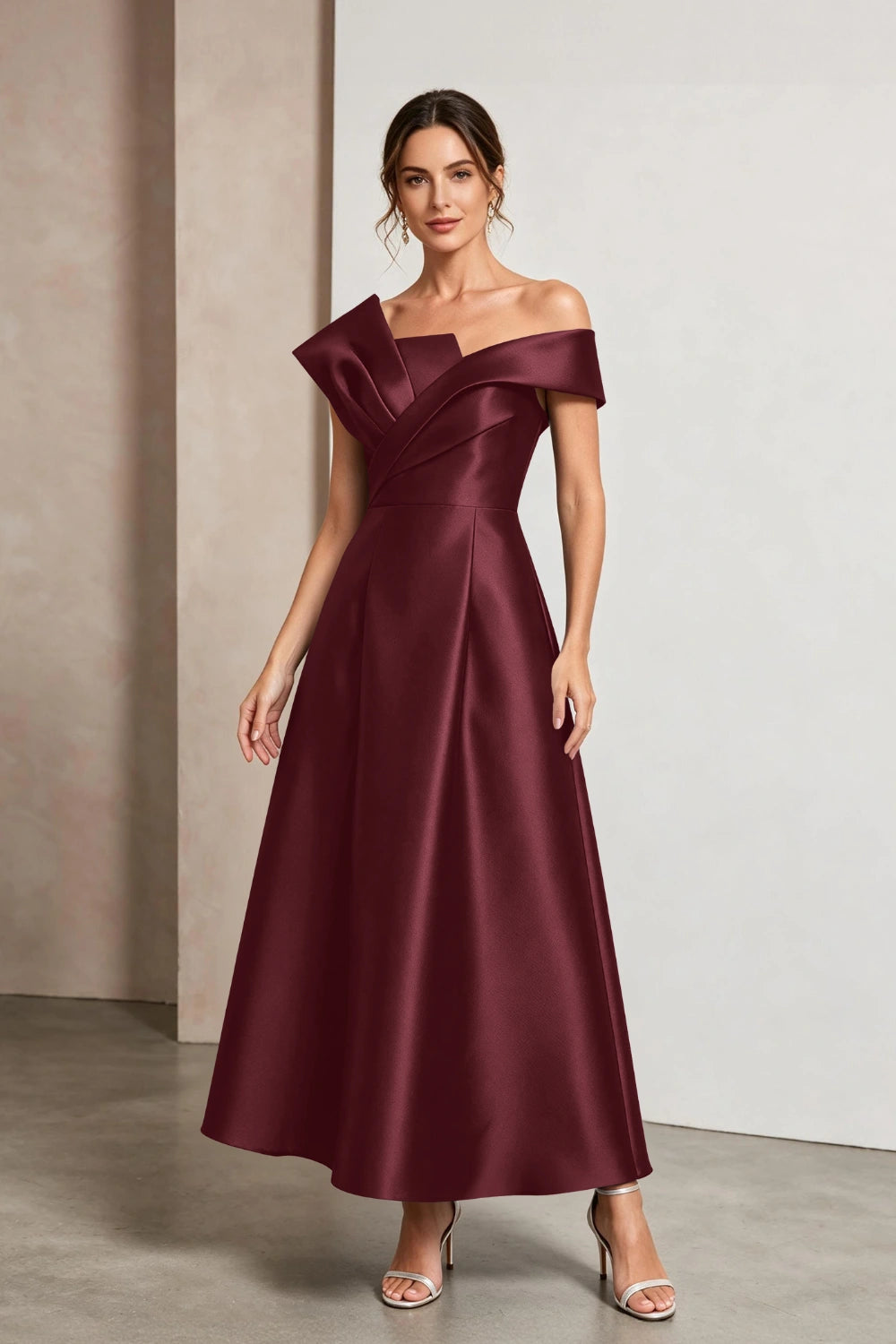 Sculptural Off-Shoulder Satin Midi A-Line Mother of the Bride Dress