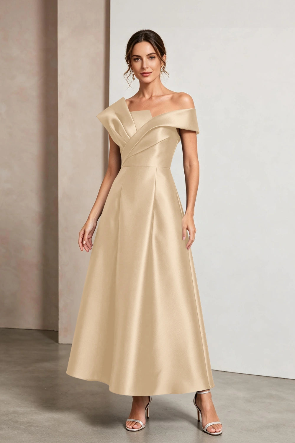 Sculptural Off-Shoulder Satin Midi A-Line Mother of the Bride Dress