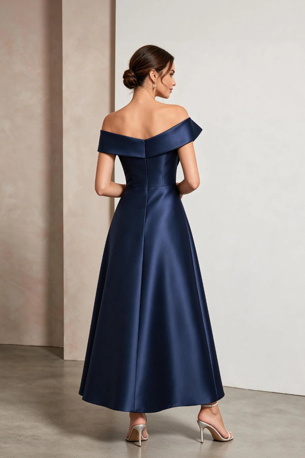 Sculptural Off-Shoulder Satin Midi A-Line Mother of the Bride Dress