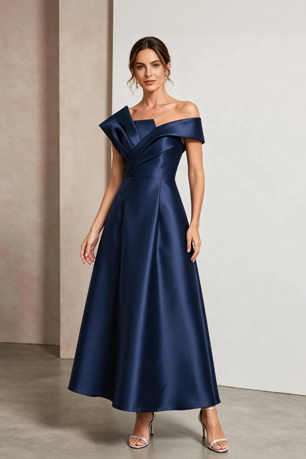 Sculptural Off-Shoulder Satin Midi A-Line Mother of the Bride Dress
