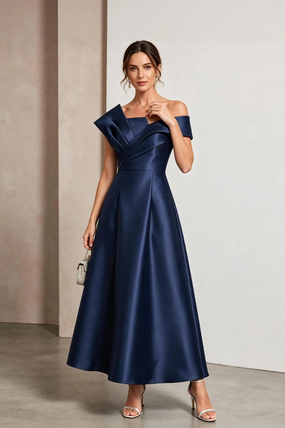 Sculptural Off-Shoulder Satin Midi A-Line Mother of the Bride Dress