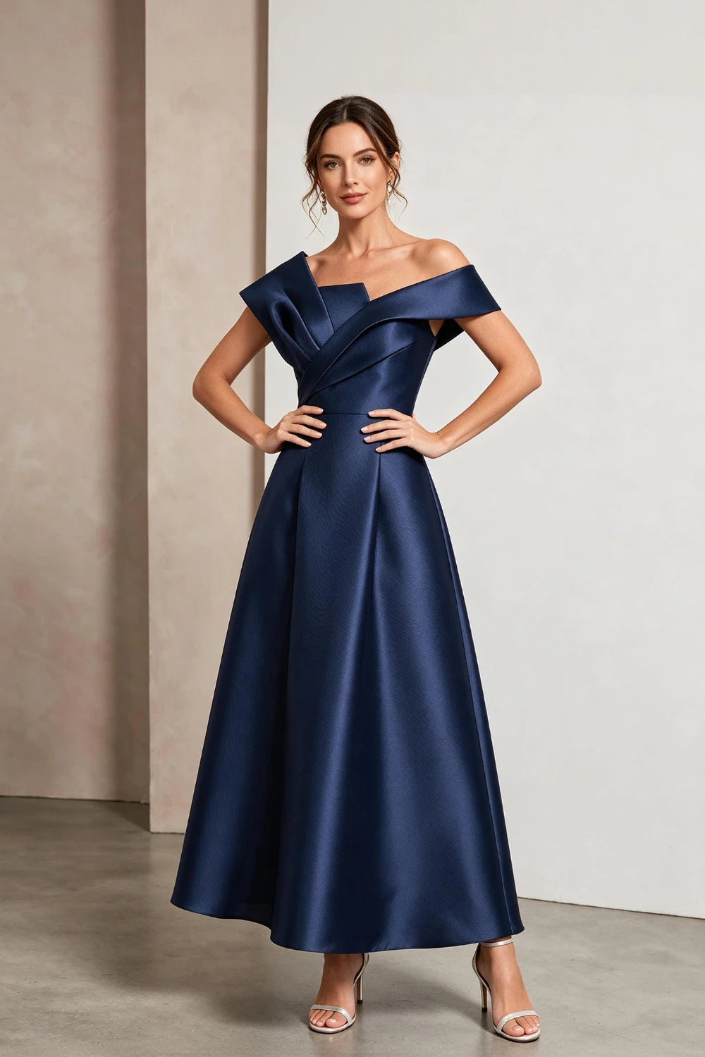 Sculptural Off-Shoulder Satin Midi A-Line Mother of the Bride Dress