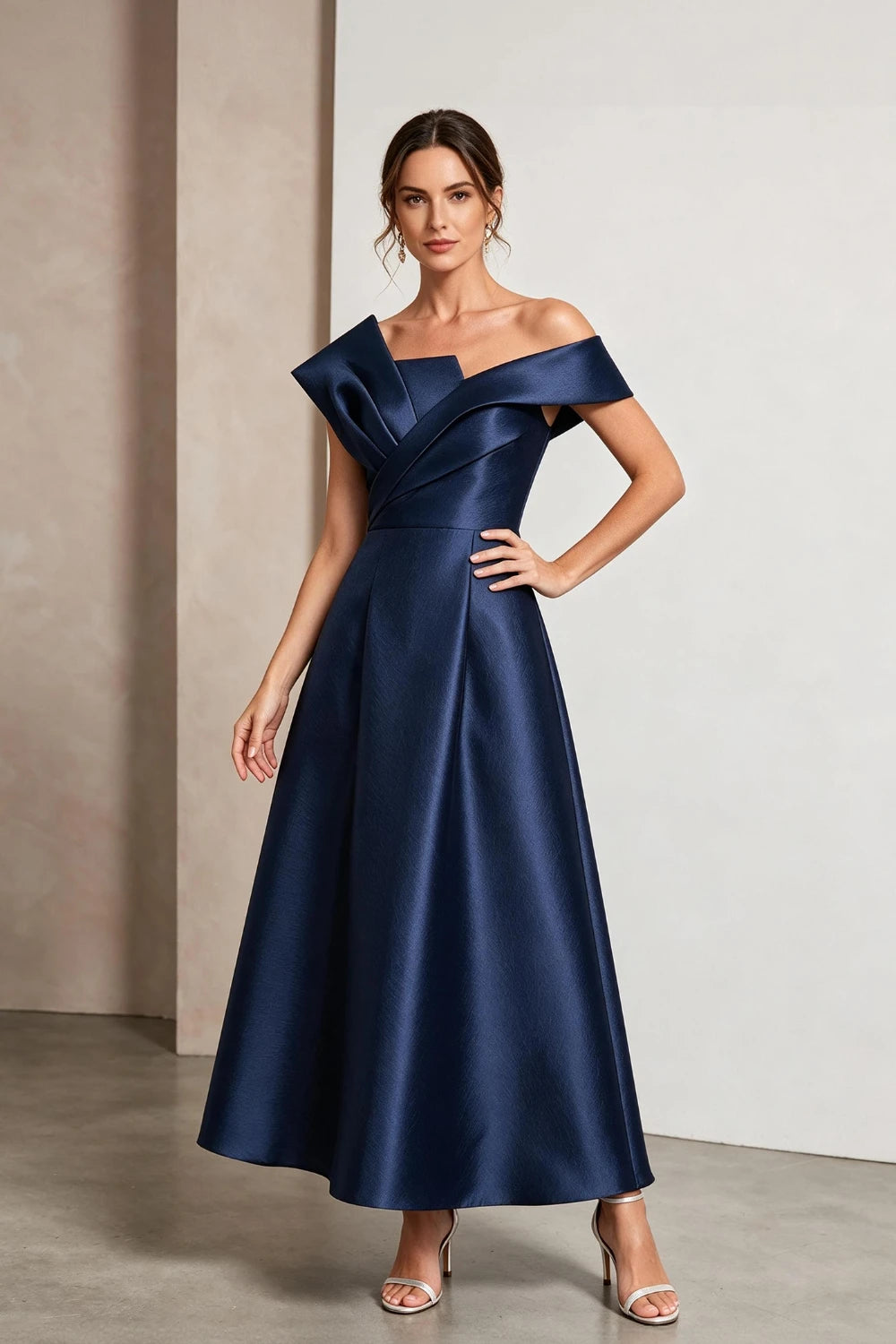 Sculptural Off-Shoulder Satin Midi A-Line Mother of the Bride Dress