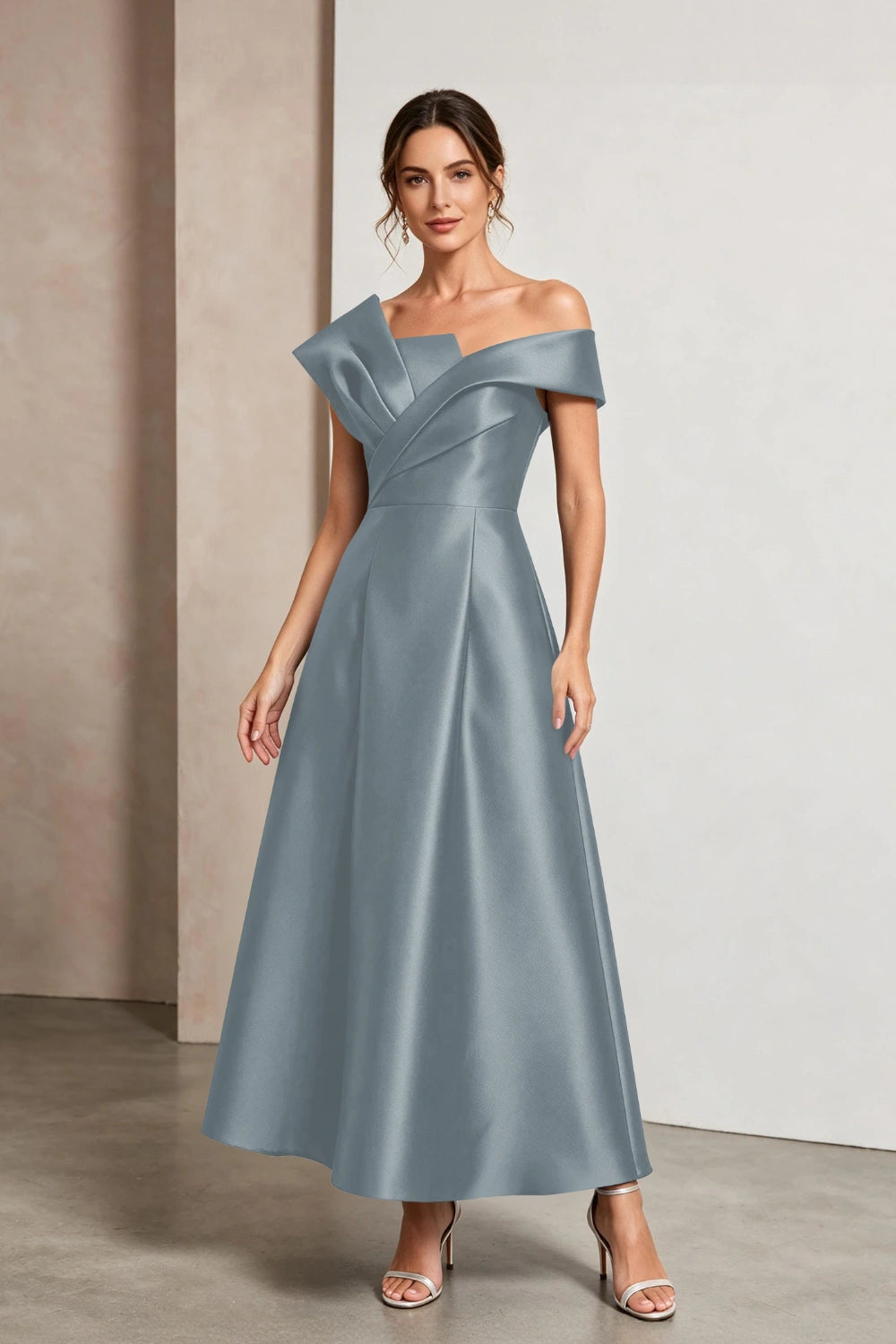 Sculptural Off-Shoulder Satin Midi A-Line Mother of the Bride Dress