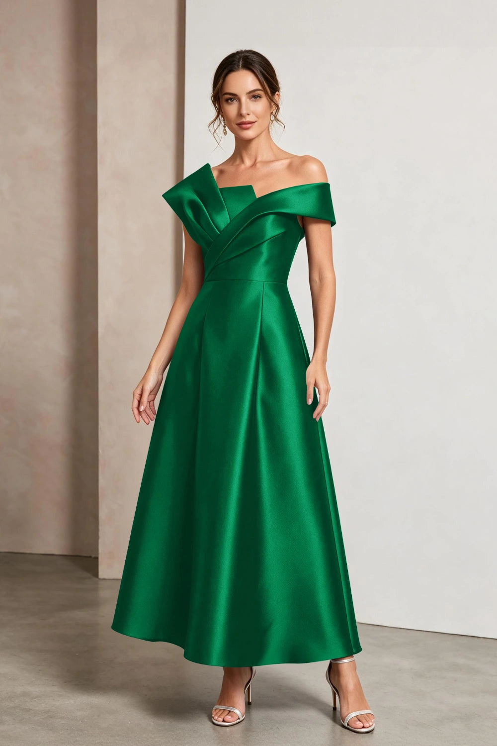 Sculptural Off-Shoulder Satin Midi A-Line Mother of the Bride Dress