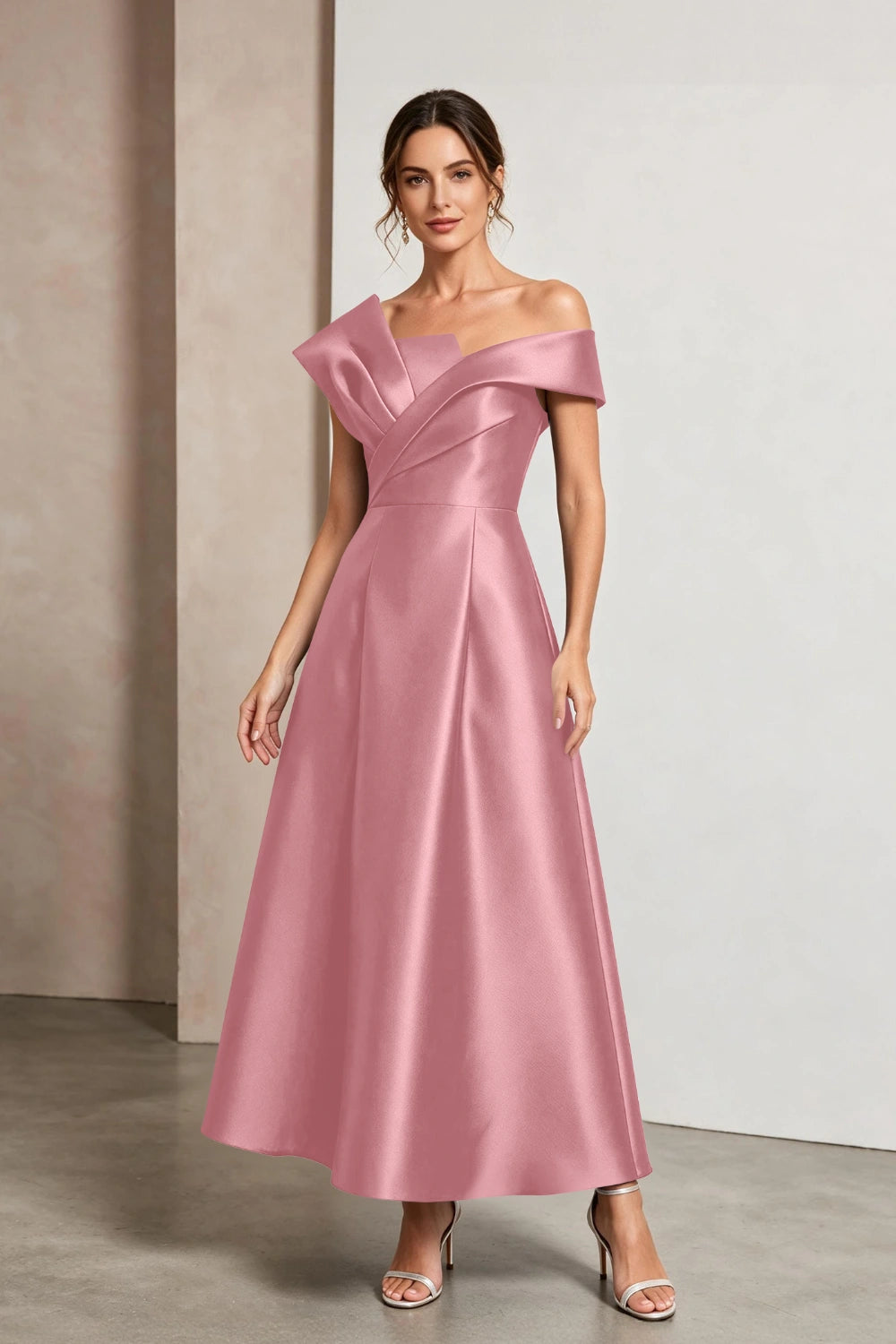Sculptural Off-Shoulder Satin Midi A-Line Mother of the Bride Dress